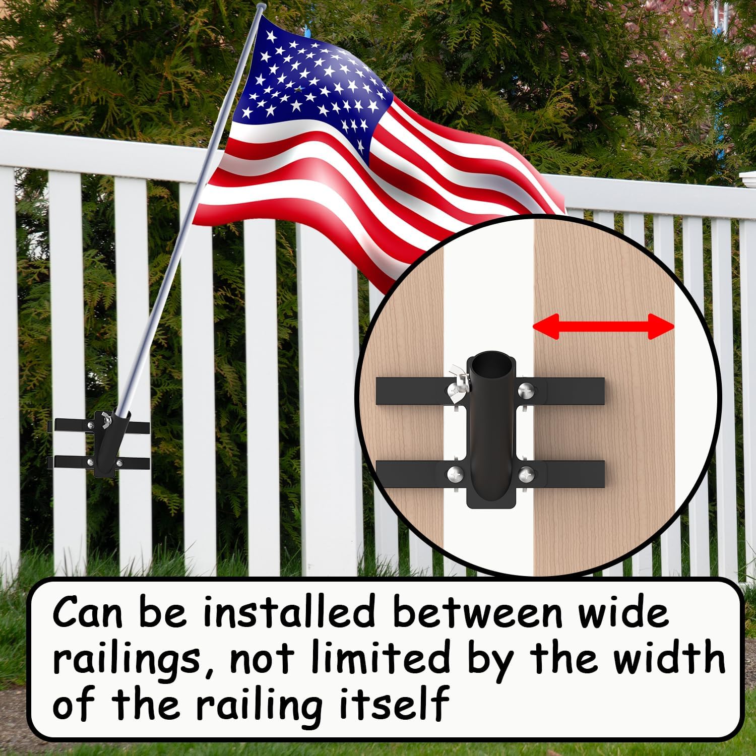 Heavy Duty No Drilling Flagpole Mount for Railing, Fence, Porch, Balcony - Metal Flagpole Holder for 1 Inch Flagpole (Black)