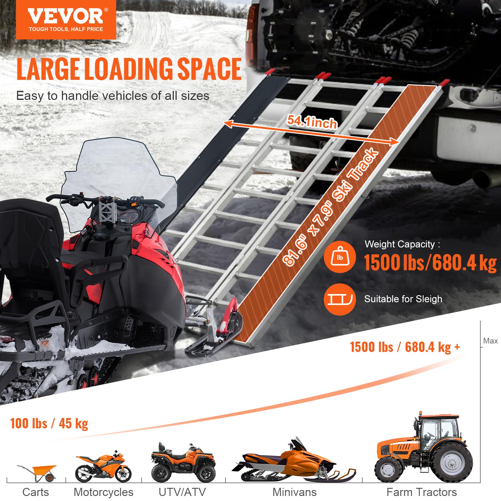 VEVOR Rampe in Alluminio Pieghevoli 216x137,5 cm, Rampa di Carico Capacità 680,4kg, Rampa di Accesso per Moto, Fuoristrada, Rimorchio, ATV, UTV, Trattore, 3 Pezzi, Rampa 3 Pezzi per Trasporto