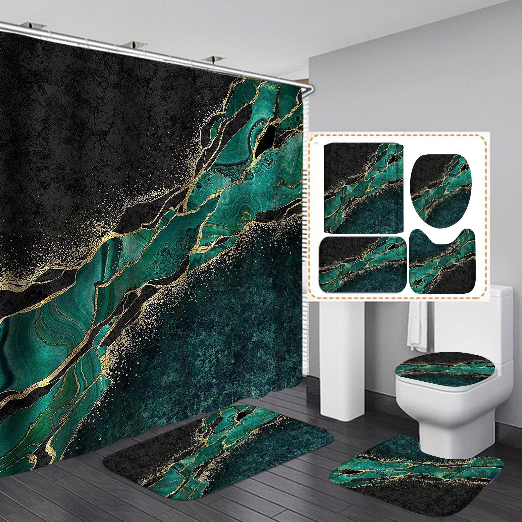 Jayden Madge 4PCS Emerald Black Marble Shower Curtain Set, Luxury Gold Glitter Marble Texture Mineral Agate Glam Abstract Modern Bathroom Decor Waterproof Fabric Shower Curtain Non-slip Bath Mat, Jade