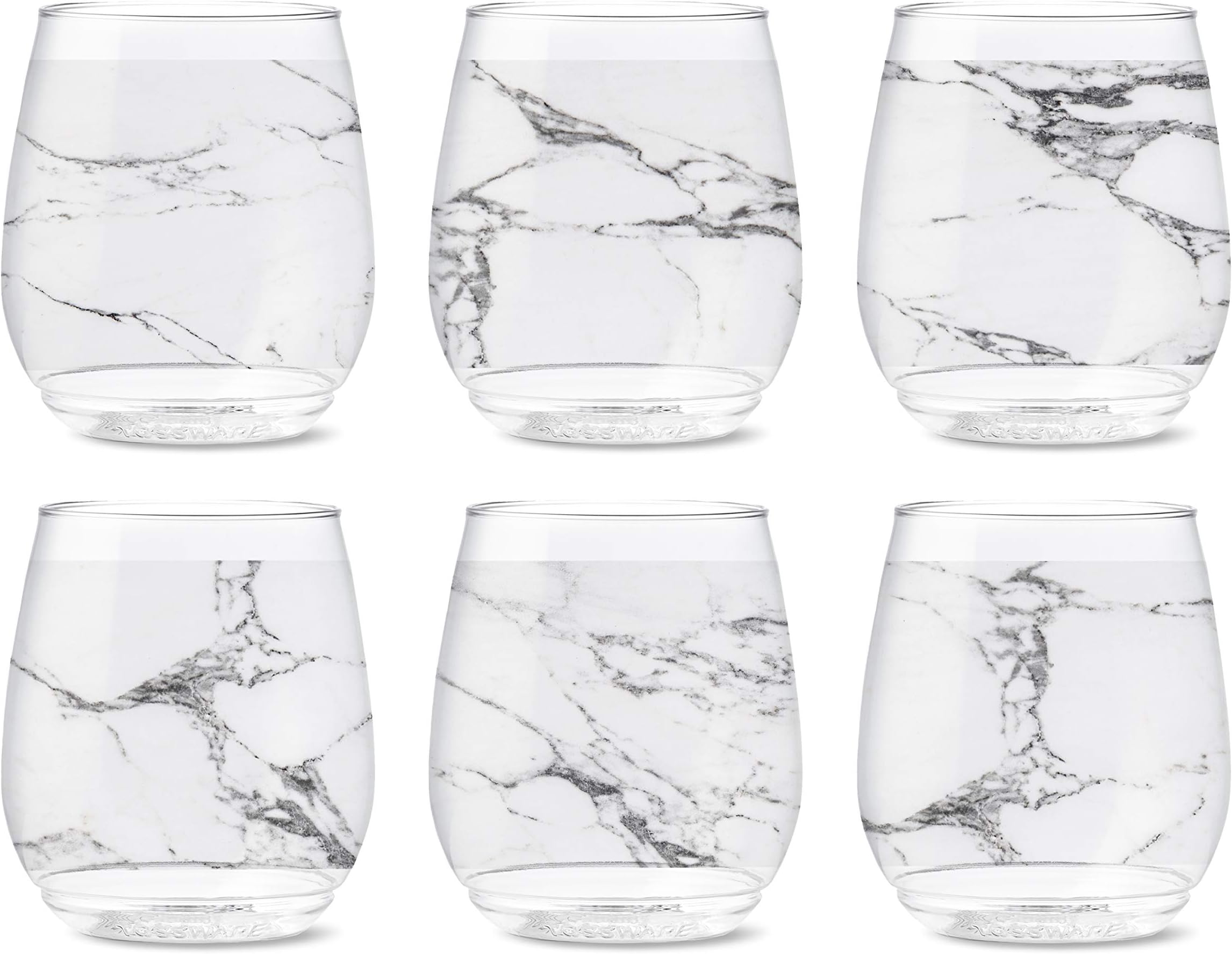 TOSSWARE POP 14oz Vino White Marble Series, SET OF 6, Premium Quality, Recyclable, Unbreakable & Crystal Clear Plastic Printed Glasses