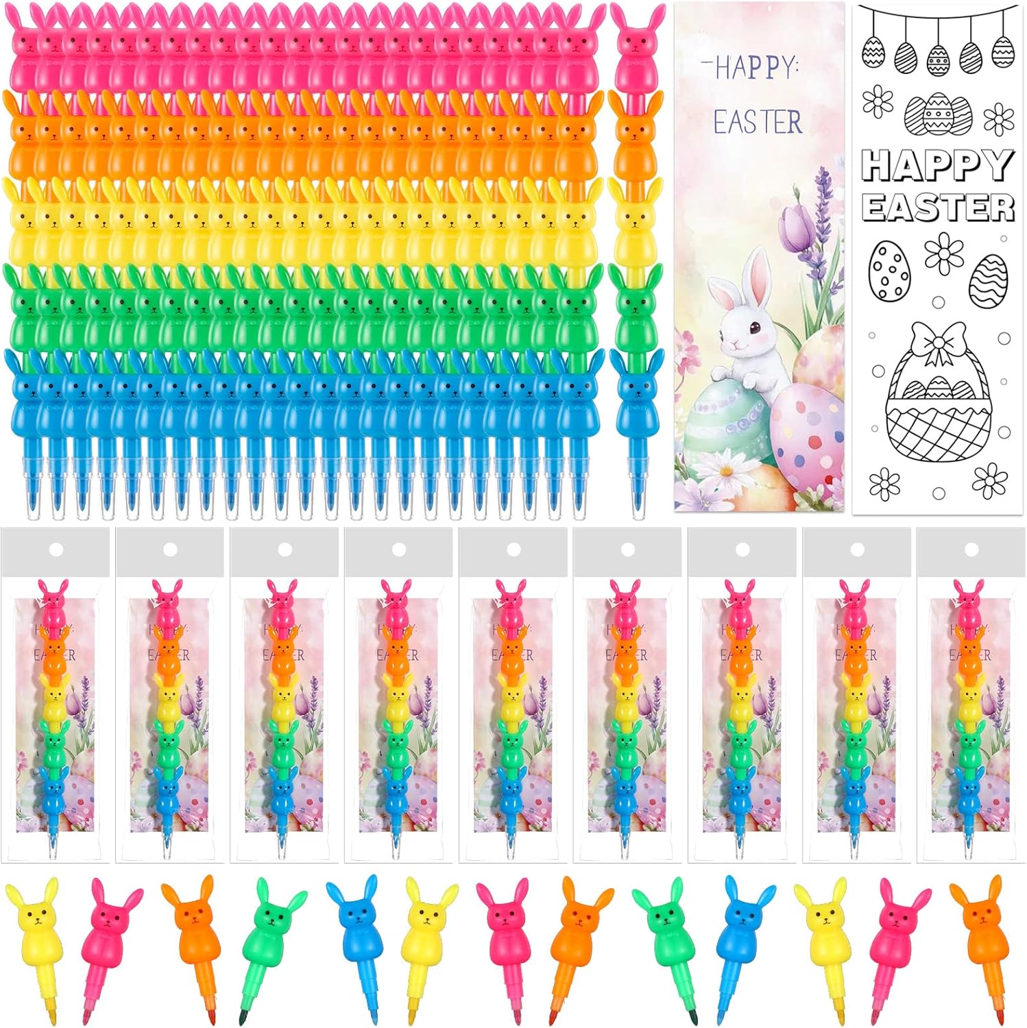 MotiMind 24 Set Easter Basket Stuffers Bunny Stackable Crayons with Drawable Cards Happy Easter Egg Non Candy Treats Kids Party Gifts Prize Carnival Crayons Party Favors