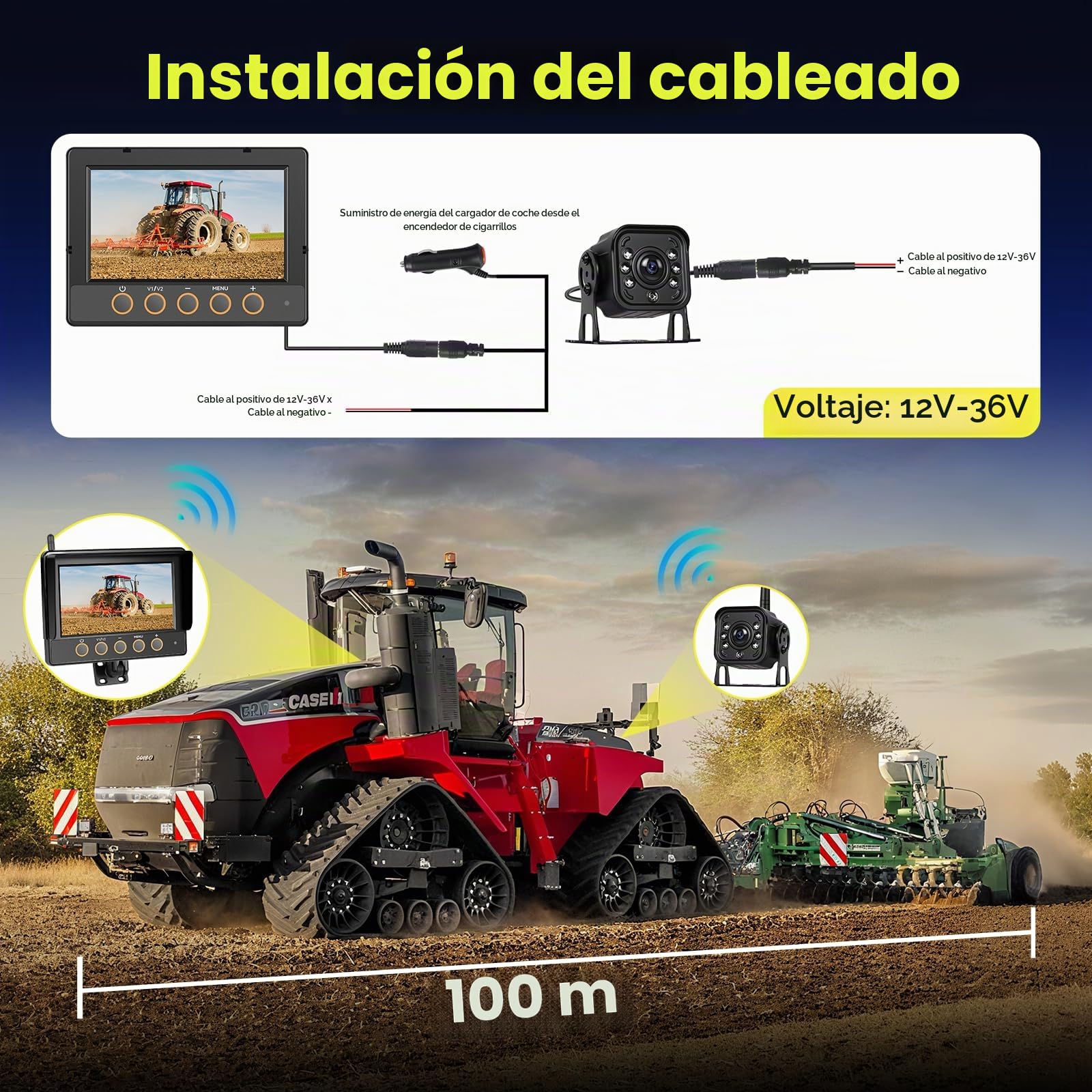 Hodozzy Cámara de Marcha Atrás Inalámbrica con Pantalla Táctil Impermeable 7 Pulgadas con BSW, Grabación en Bucle, Cámara de Visión Nocturna Inalámbrica Digital para Vehículos de Construcción 12V-36V