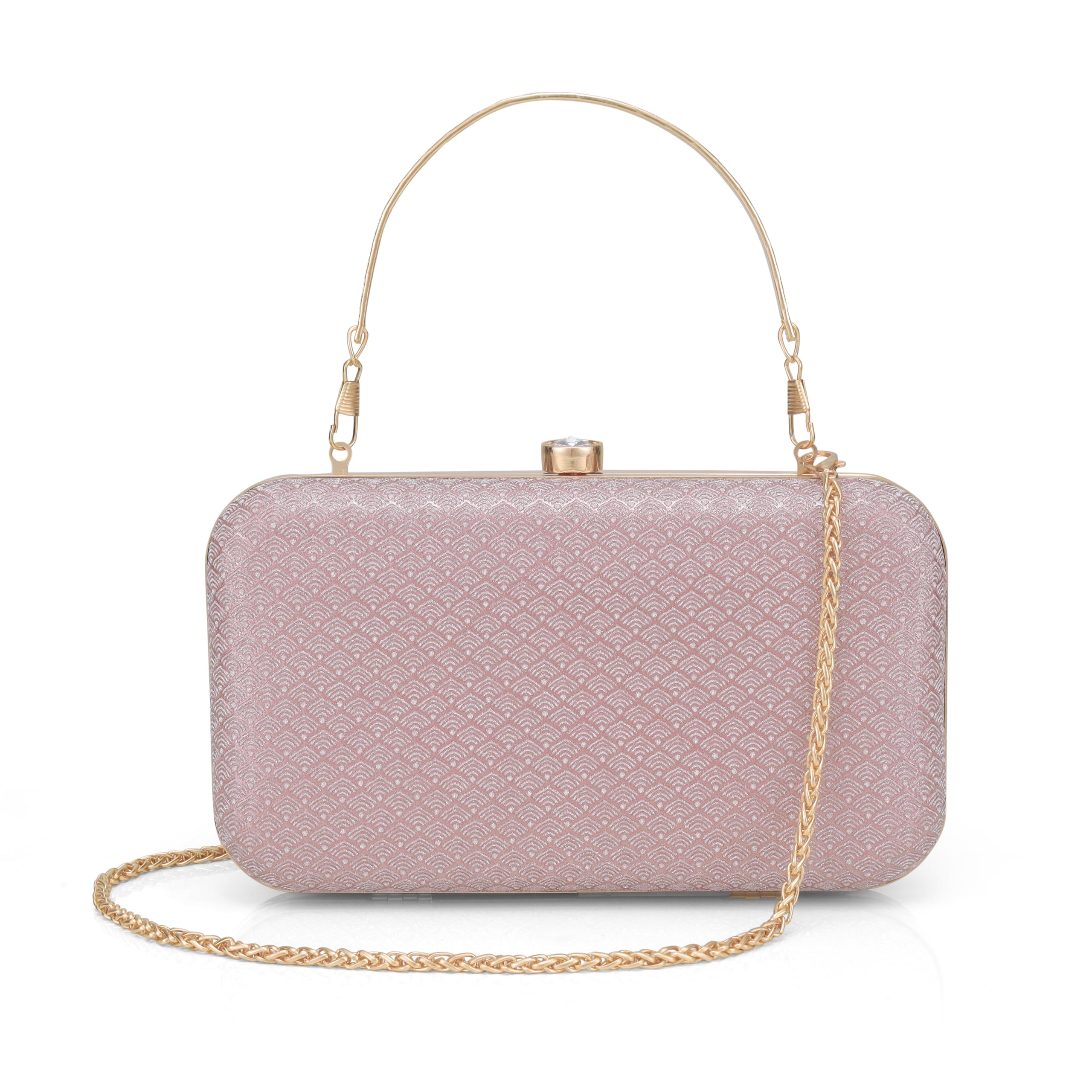 Women’s Premium Textured Clutch Handbag with Chain Strap | Hard Case Evening Clutch Crystal Lock Designer Box Purse-image-9