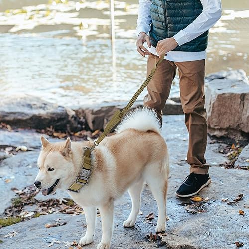 Miniatura 5 de Collar militar para perro, nailon ajustable, hebilla de metal resistente con asa, incluye funda para Airtags y parches, marrón, XL, adecuado para