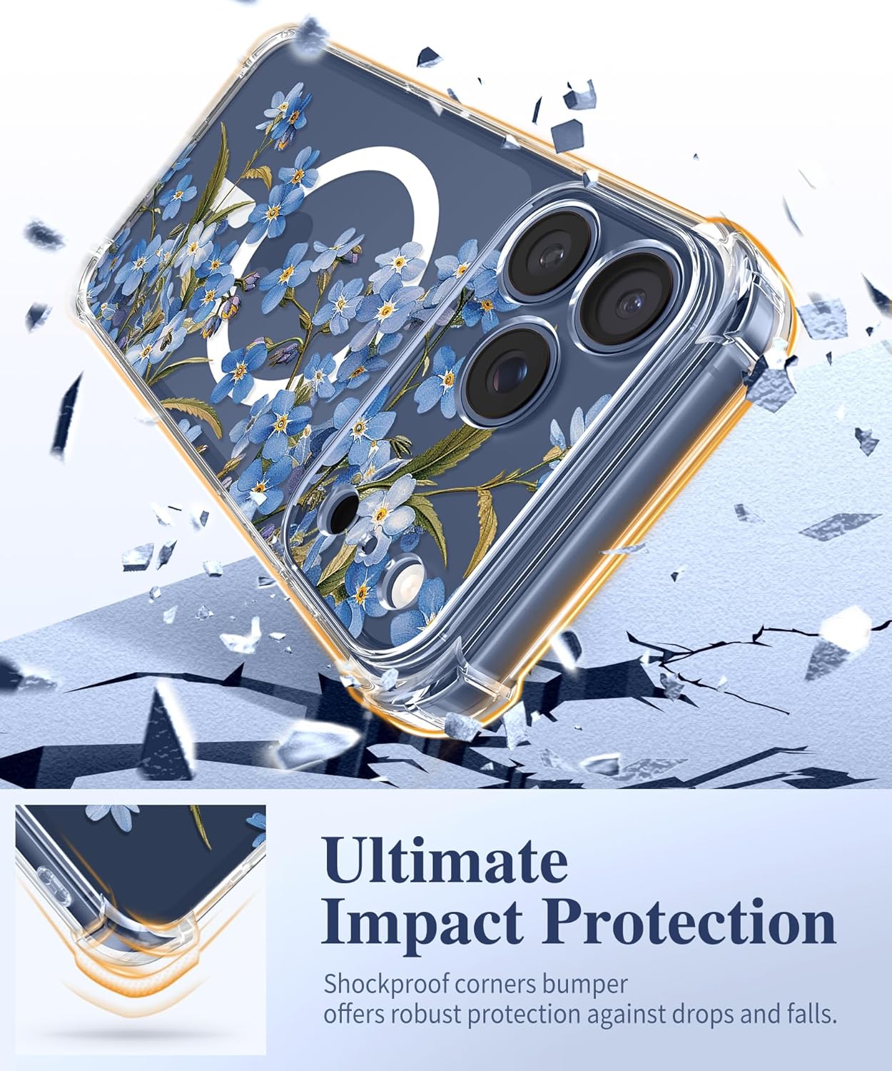 GVIEWIN for iPhone 17 Pro Case Compatible with MagSafe, with Screen Protector Upgraded [Full Camera Protection] [Non Yellowing] Floral Slim Shockproof Clear Women Phone Cover (Aconite/Blue) - Image 4
