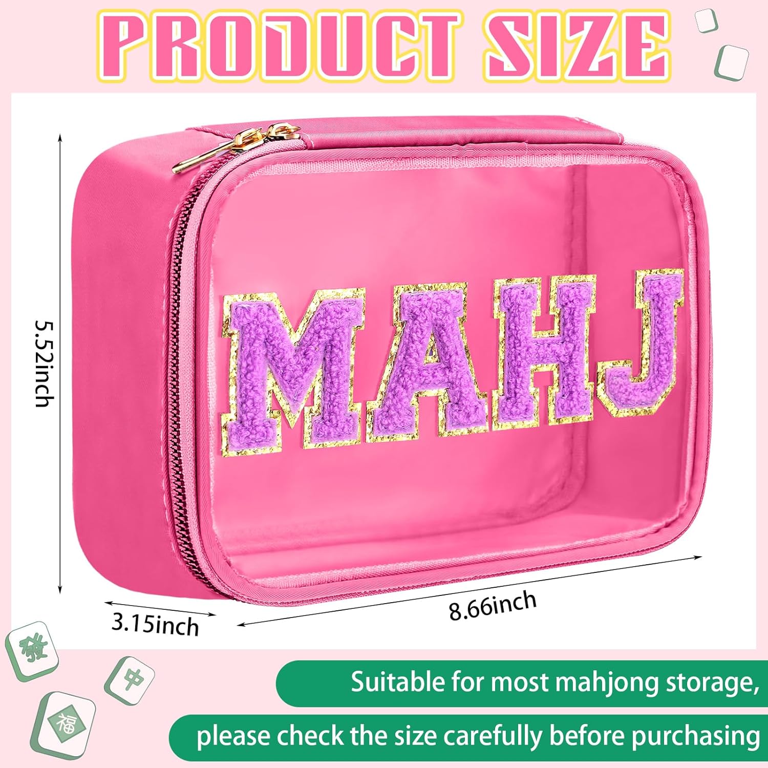 Empty Mahjong Tile Bag American PVC Clear Mahjong Case Size 166 Waterproof Zippered Storage Tile Holder Rack Bag for Game Lover Gift Travel, Case Only (Hot Pink,Mahj) Hot Pink Mahj