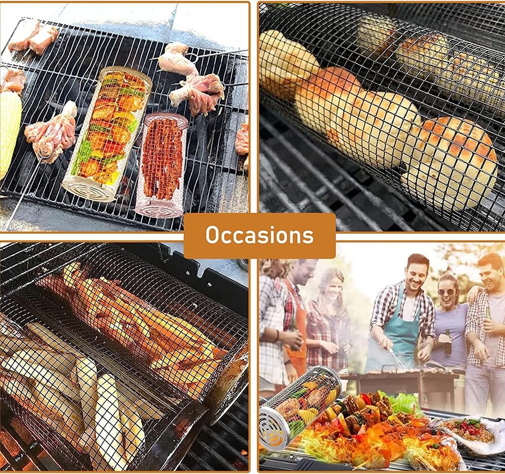 Cestino cilindrico per barbecue, Cestello per Griglia Rotante, Cestello per Barbecue in Acciaio Inossidabile, Cestini per Grigliare pentole per Grigliare Verdure Pesce Carne 4pc,30cm