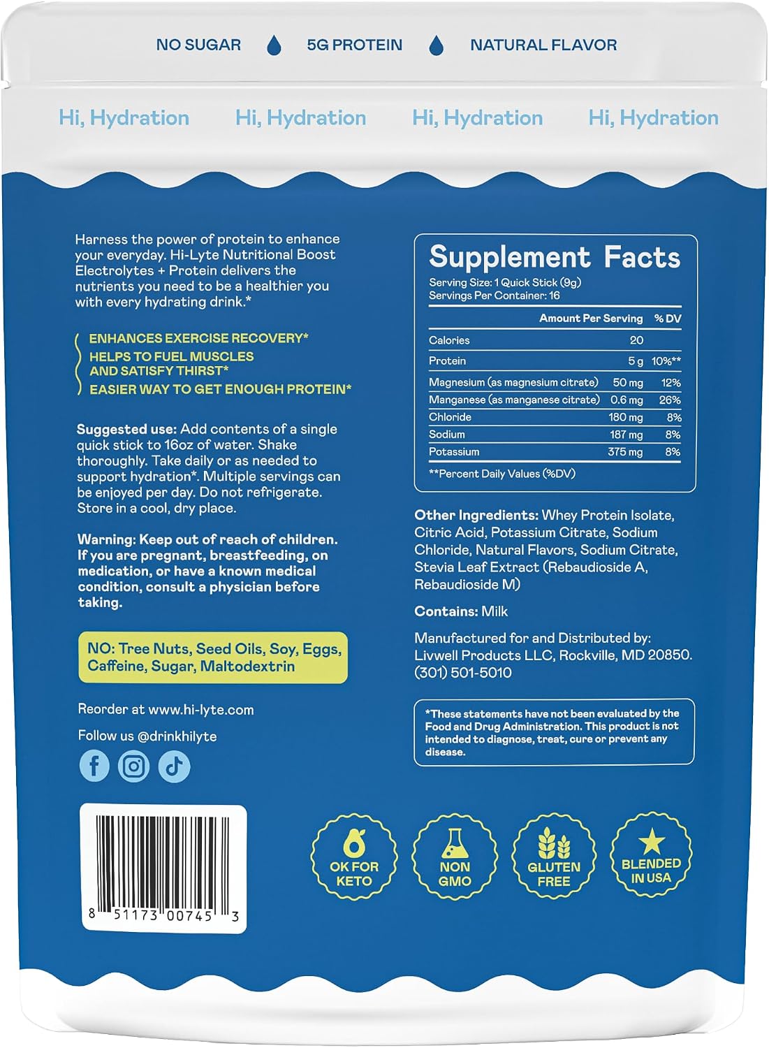 Hi-Lyte Electrolytes + Protein Quick Sticks Crisp Apple, 16 Servings - Sodium, Potassium, Whey Protein - Keto Friendly - 5g Protein, No Sugar