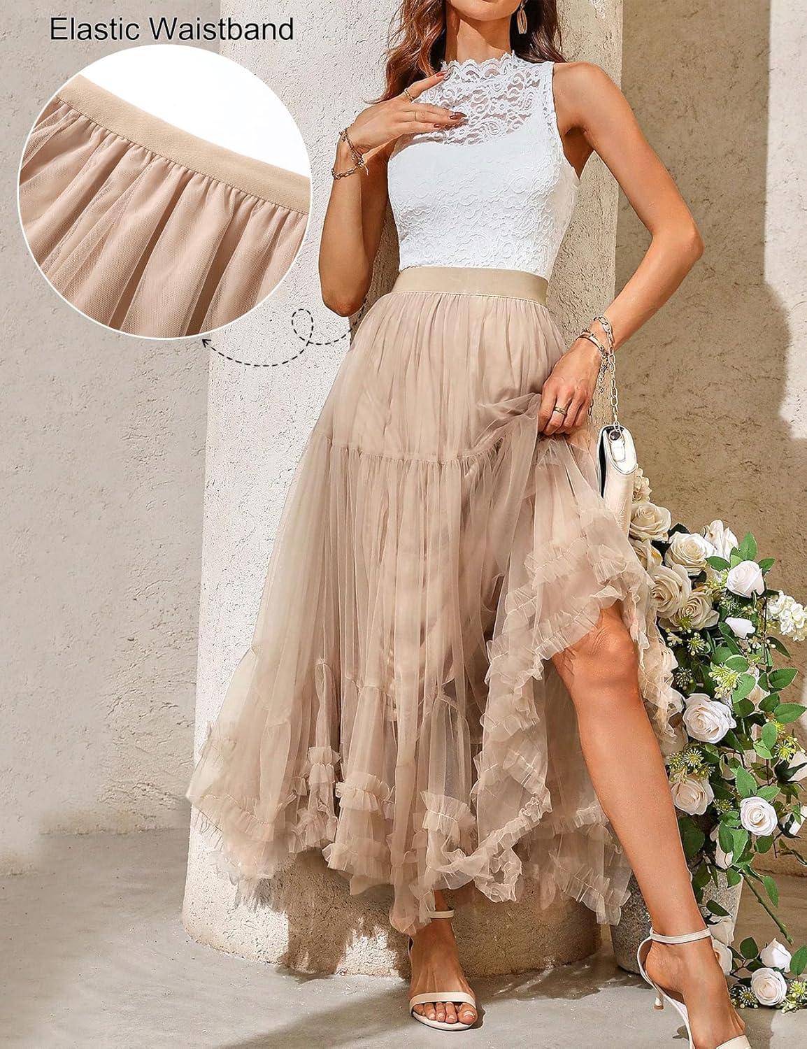 COZYPOIN Maxi Tulle Skirts for Women Elastic High Waisted A Line Long Layered Tutu Mesh Ruffles Tiered Flowy Fairy Skirt - Image 4