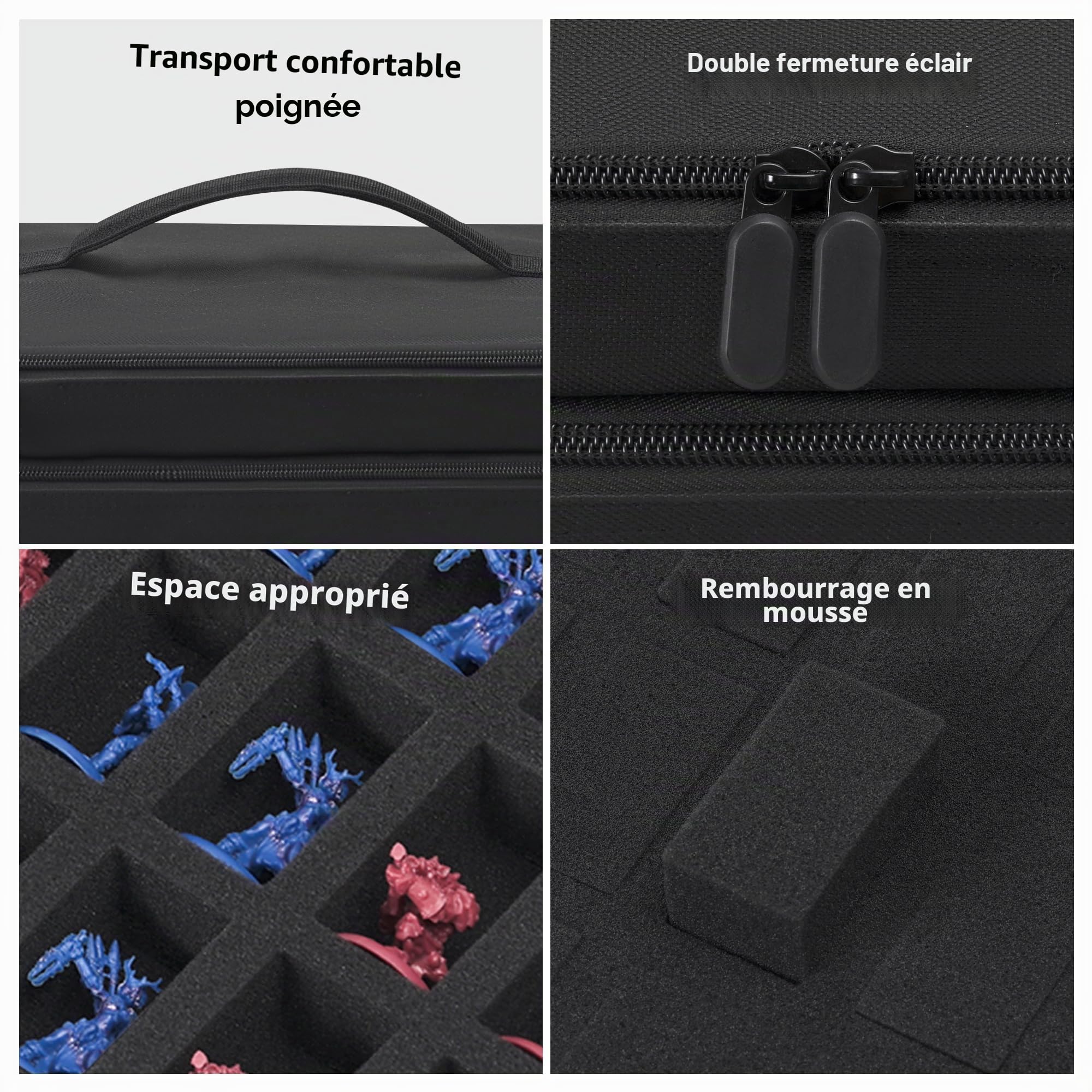 Risou Sac de transport pour figurines miniatures – 108 emplacements pour figurines miniatures compatible avec 40 K, D&D et plus (sac uniquement) (noir)