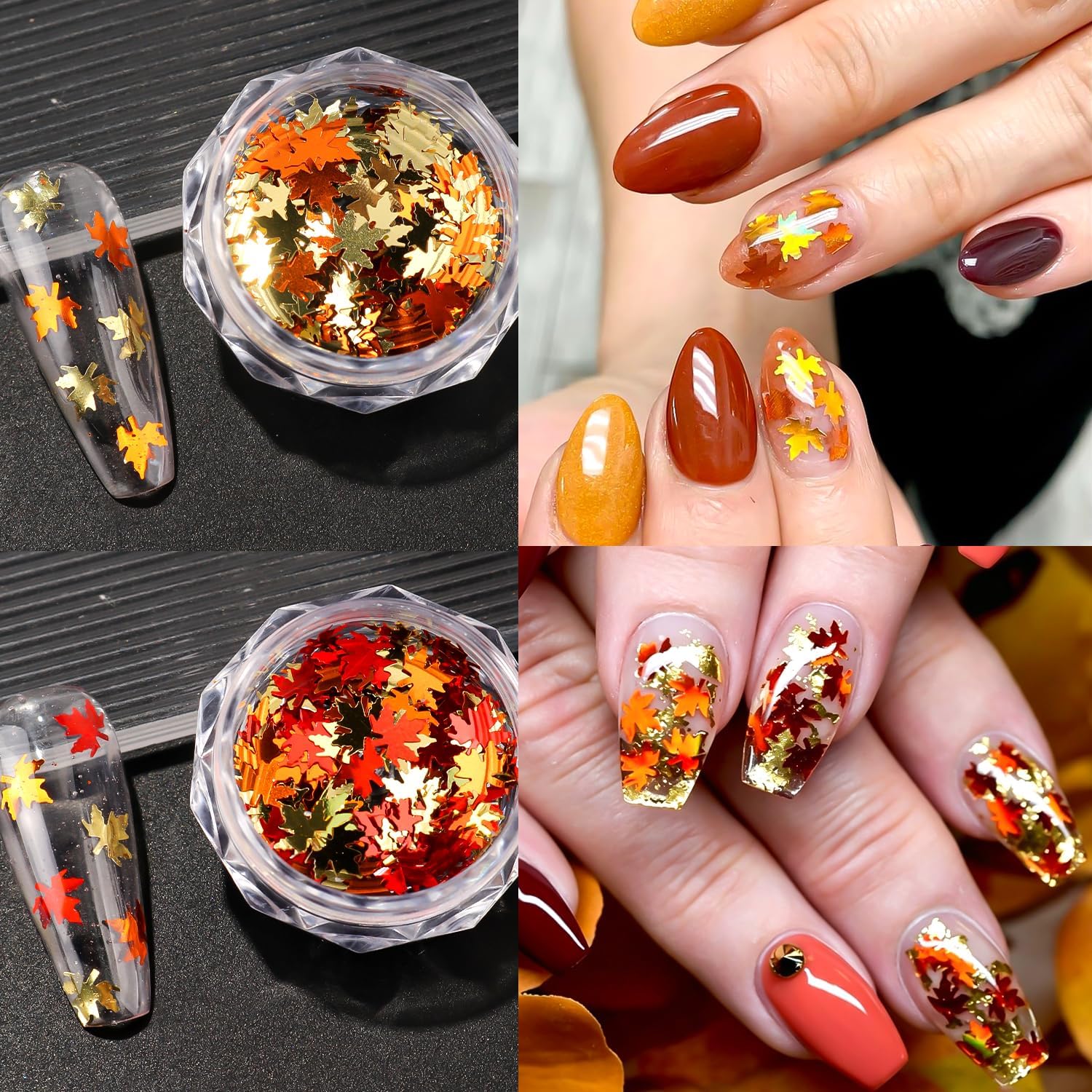 6 Jars Fall Maple Leaf Nail Sequins, Autumn 3D Leaves Nail Flakes