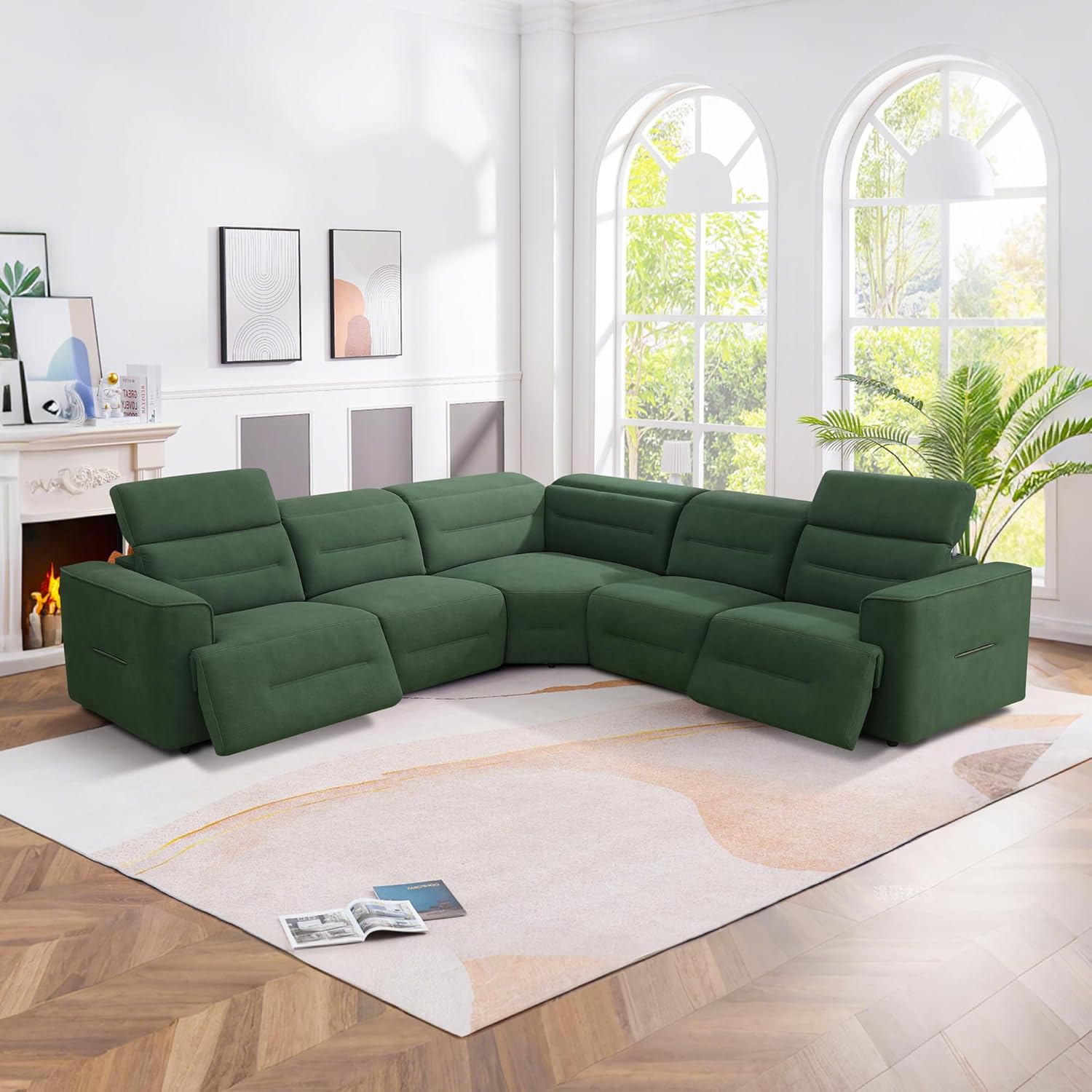 Power Recliner Sectional Sofa Set with USB Ports, Flannel Recliner Sofa Set with Adjustable Headrest, Reclining Sectional Couches, L-Shaped Living Room Furniture Set (Green, 5-Seater)
