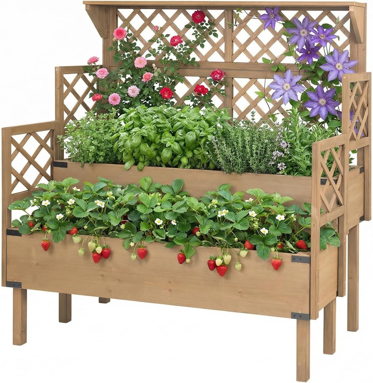 Raised Garden Bed with Trellis & Top Shelf, Outdoor Elevated Planter Box with 2 Planting Areas, Liner & Metal Corners for Climbing Plants, Vegetables, Herbs