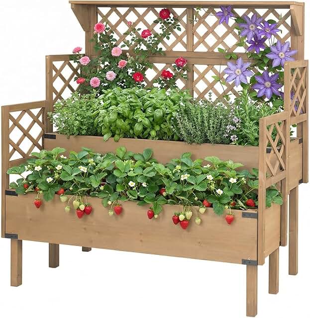 Raised Garden Bed with Trellis & Top Shelf, Outdoor Elevated Planter Box...