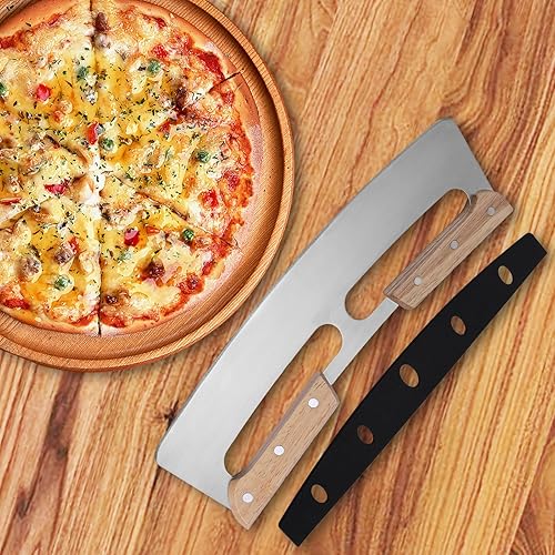 Miniatura 6 de Paquete de 2 cortadores de pizza con asas de madera y cubierta protectora de polipropileno, rueda de acero inoxidable 430 de 14 pulgadas, cortador