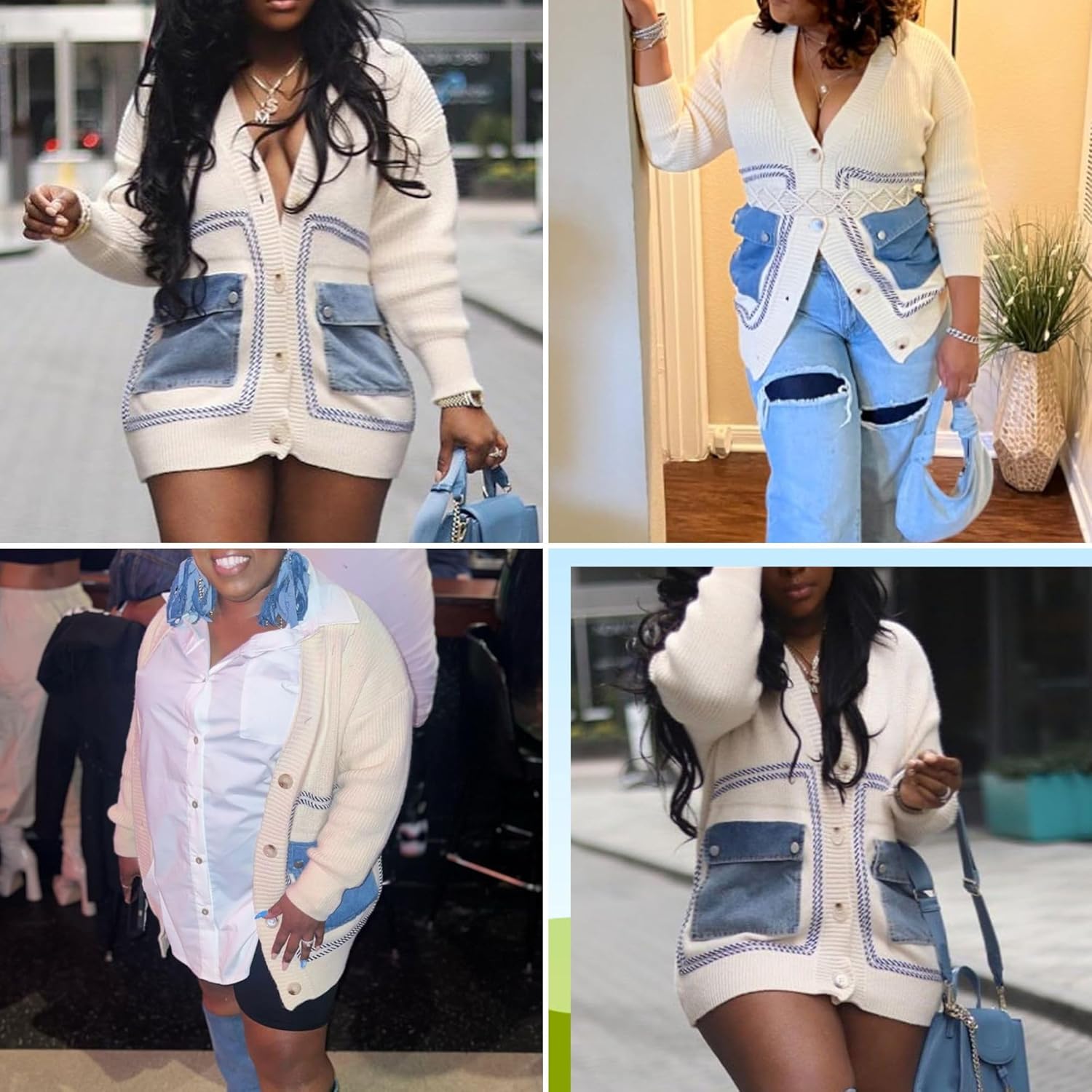 FindThy Women’s Casual Button Up Cardigan Oversized Long Sleeve Jean Patchwork Sweater Cardigans - Image 2