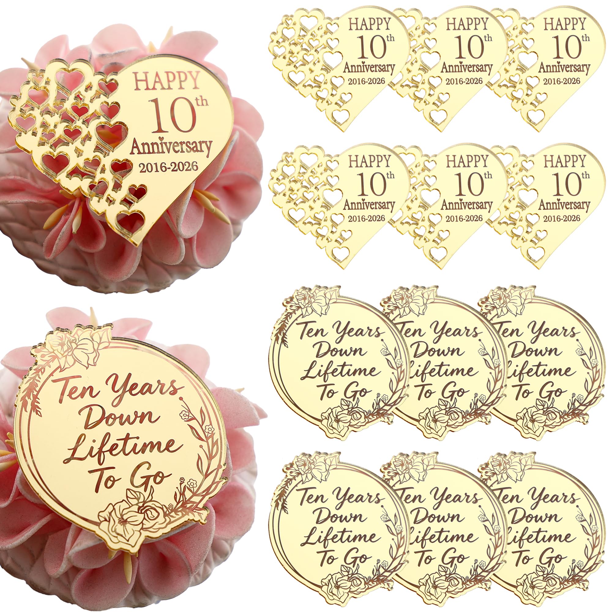 AiQi Bakes Happy 10th Anniversary Heart Acrylic Cupcake Toppers, 12 Pcs