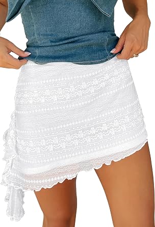 Womens Lace Mini Skirt High Waist Flowy Sexy Layered Skirts Summer Fashion Asymmetrical Skirt for Dressy Casual