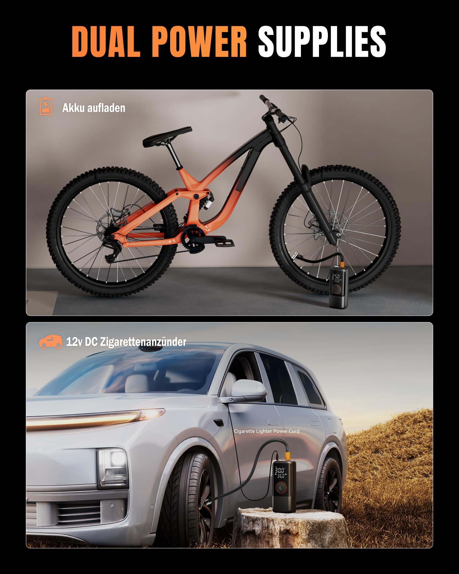 Elektrische Luftpump mit Akku, Tragbar Mini Kompressor mit Manometer & Doppelt-LED-Anzeige, 12V DC Elektrische Fahrradpumpe für Autos, Motorräder, Fahrräder und Bälle