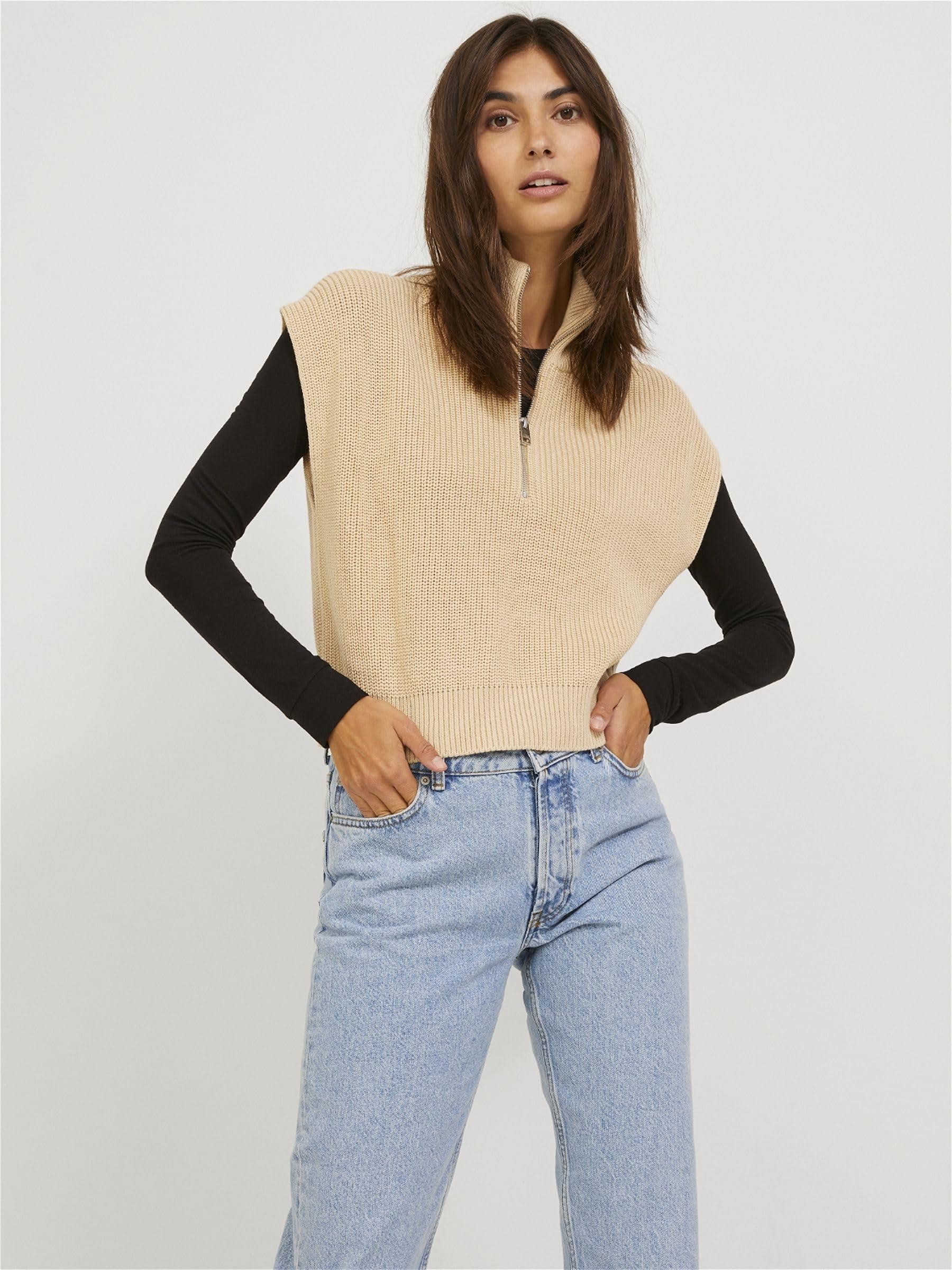 JACK & JONES Women's JJXX JXFLORENCE Twist Half Zip Knit Vest Pullover, beżowy, XS