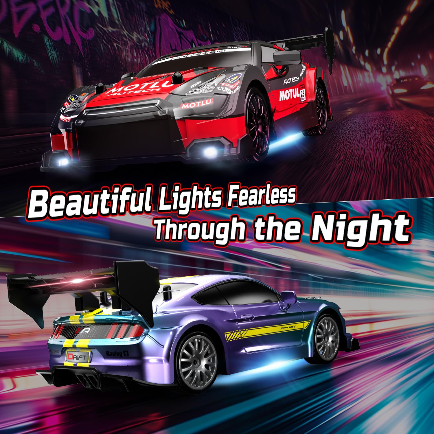 DEERC RC Drift Auto 4WD 2,4 GHz Auto Telecomando ad alta velocità con 2 carrozzerie, luci a LED, 2 batterie (20 min) e pneumatici Drift, giocattolo da corsa per bambini/ragazzi