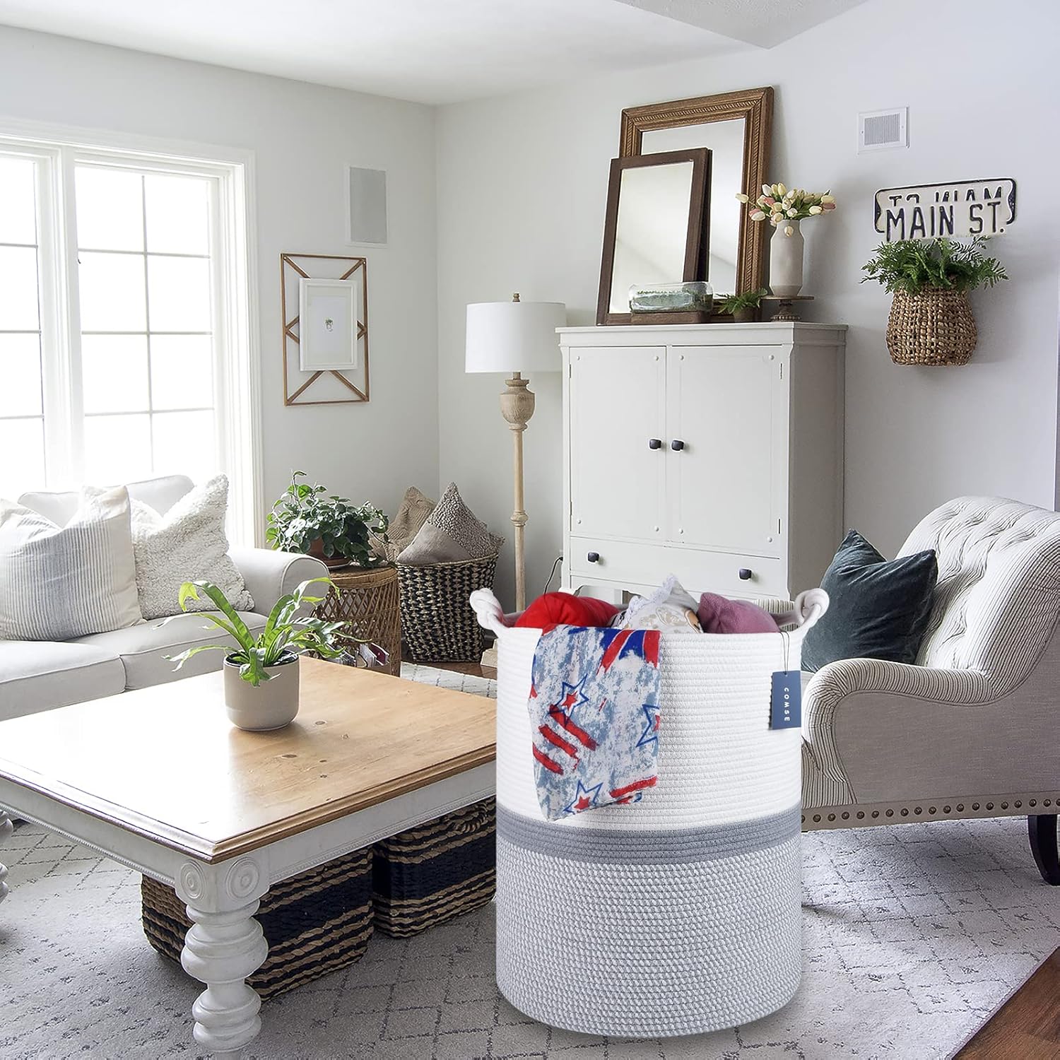 COMSE 2 Pack Tall Laundry Baskets, Tall Blanket Baskets, Laundry Hampers, Cotton Rope Baskets, Toy Baskets, Clothes Baskets, 15.7" x 21.7", White/Gray