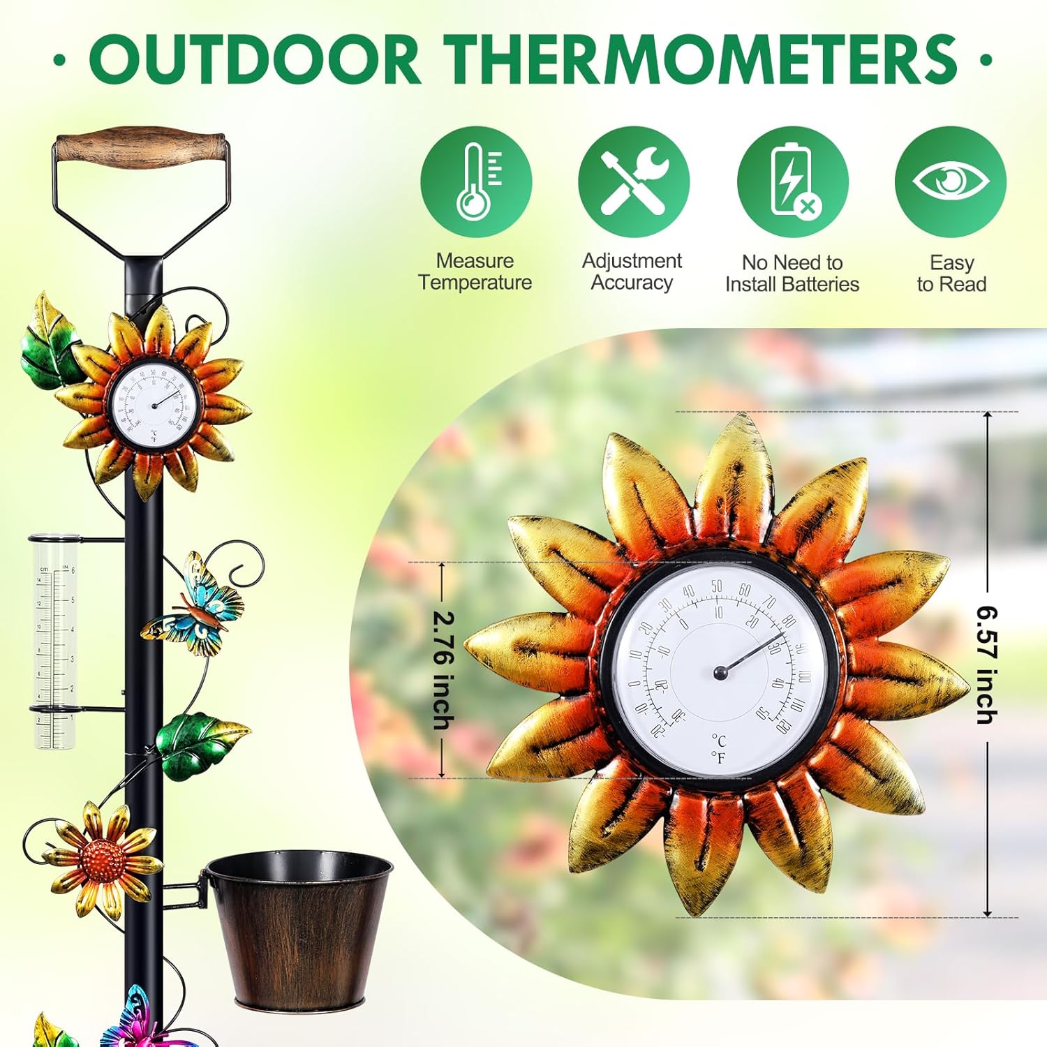 Garden Trellis with Thermometer Rain Gauge Outdoor, 55 Inch Shovel Plant Trellis with Planters for Climbing Plants - Decorative for Patio, Lawn, Yard, Backyard