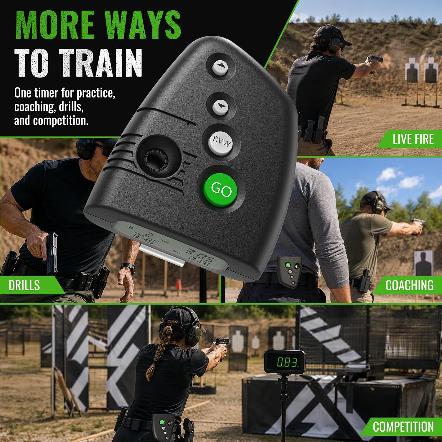Shot Timer for Shooting Competition– Loud 110dB Buzzer, Par & Split Times, Belt Clip, Ergonomic Design Helps Improve Your Training (Green)