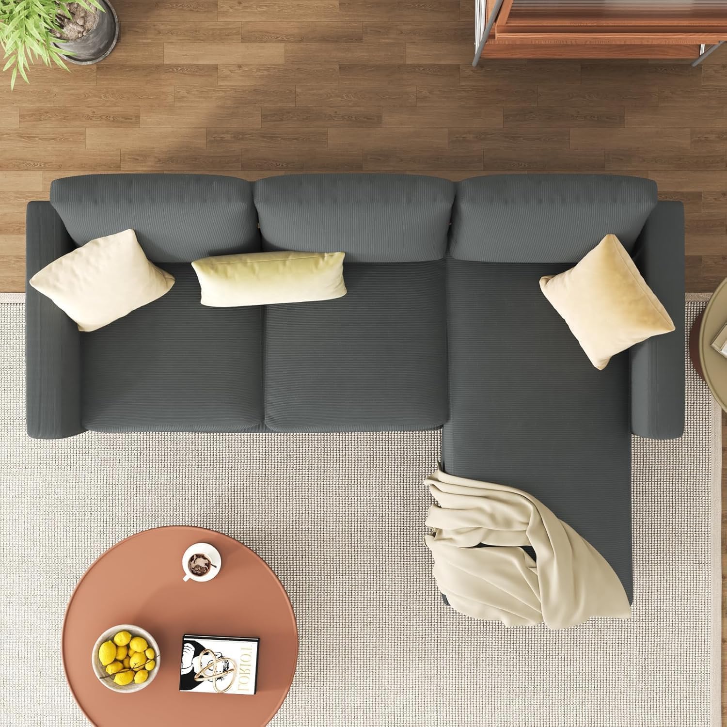 JAMFLY Couches for Living Room, 3-Seat Reversible Sectional Sofa with Convertible Ottoman, Modern Ribbed Fabric L-Shaped Couch for Small Apartment, Studio & Office, Easy Assembly, Grey
