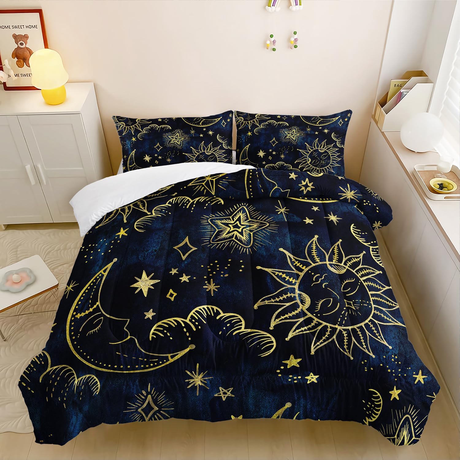 3-Piece Duvet Set - Sun, Moon, & Star Celestial Print Comforter Set, Premium Soft Microfiber Bedding Queen (Navy Blue/Gold)