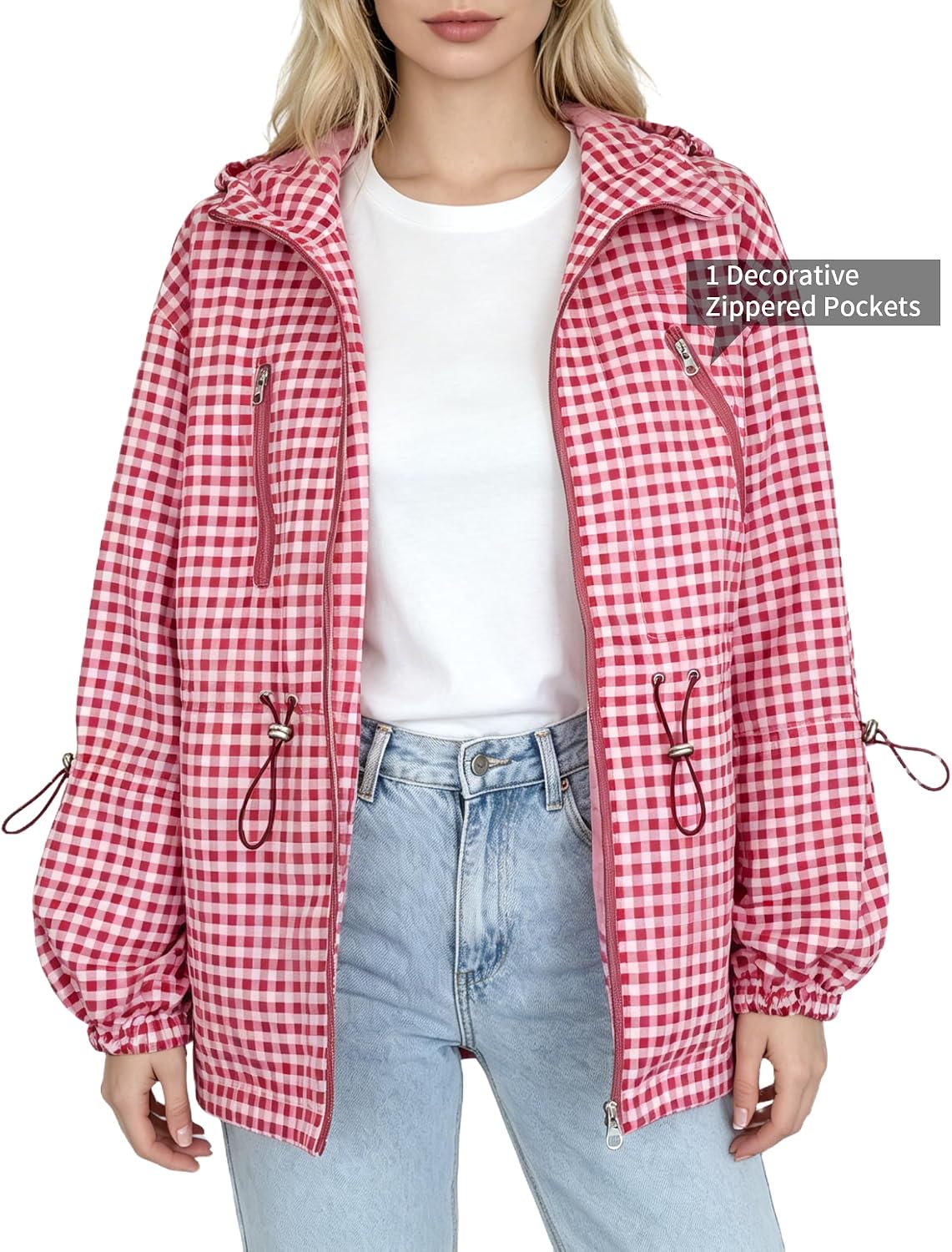 Women Lightweight Jackets Anorak Plaid Print Utility Drawstring Waist Coat Hoodie Zip Up Outfits Jacket with Pockets