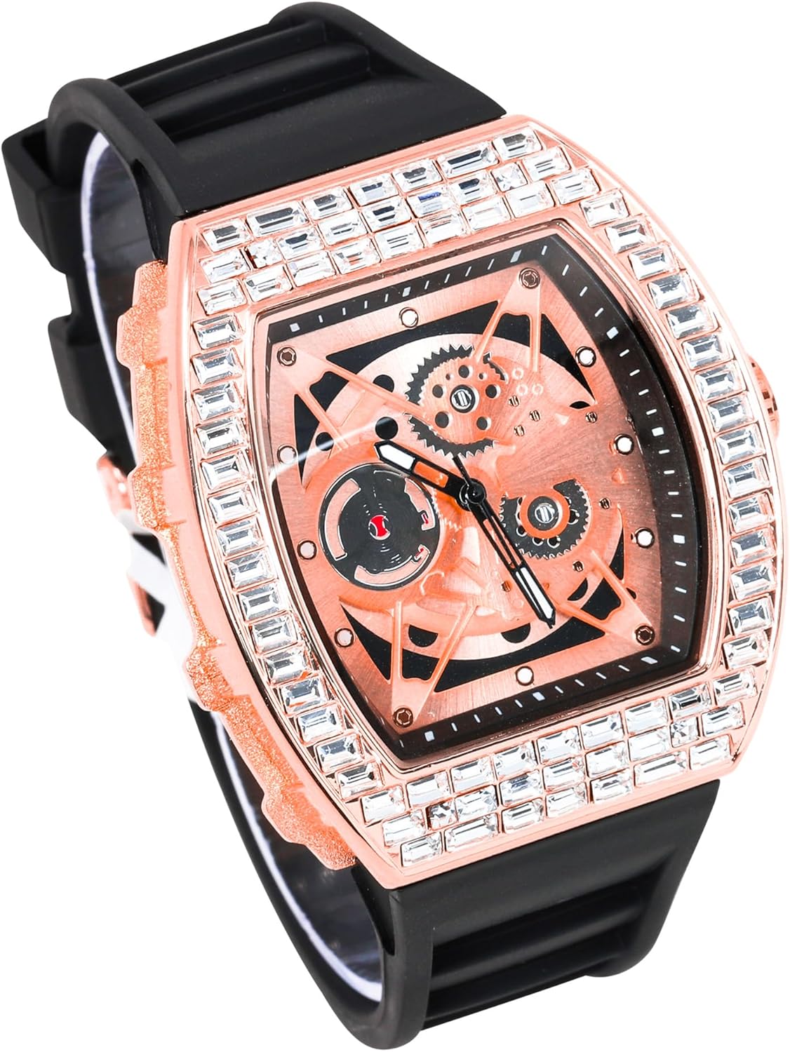 Techno Pave Men's 40mm Iced Out Tonneau Shape Silicone Band Watch