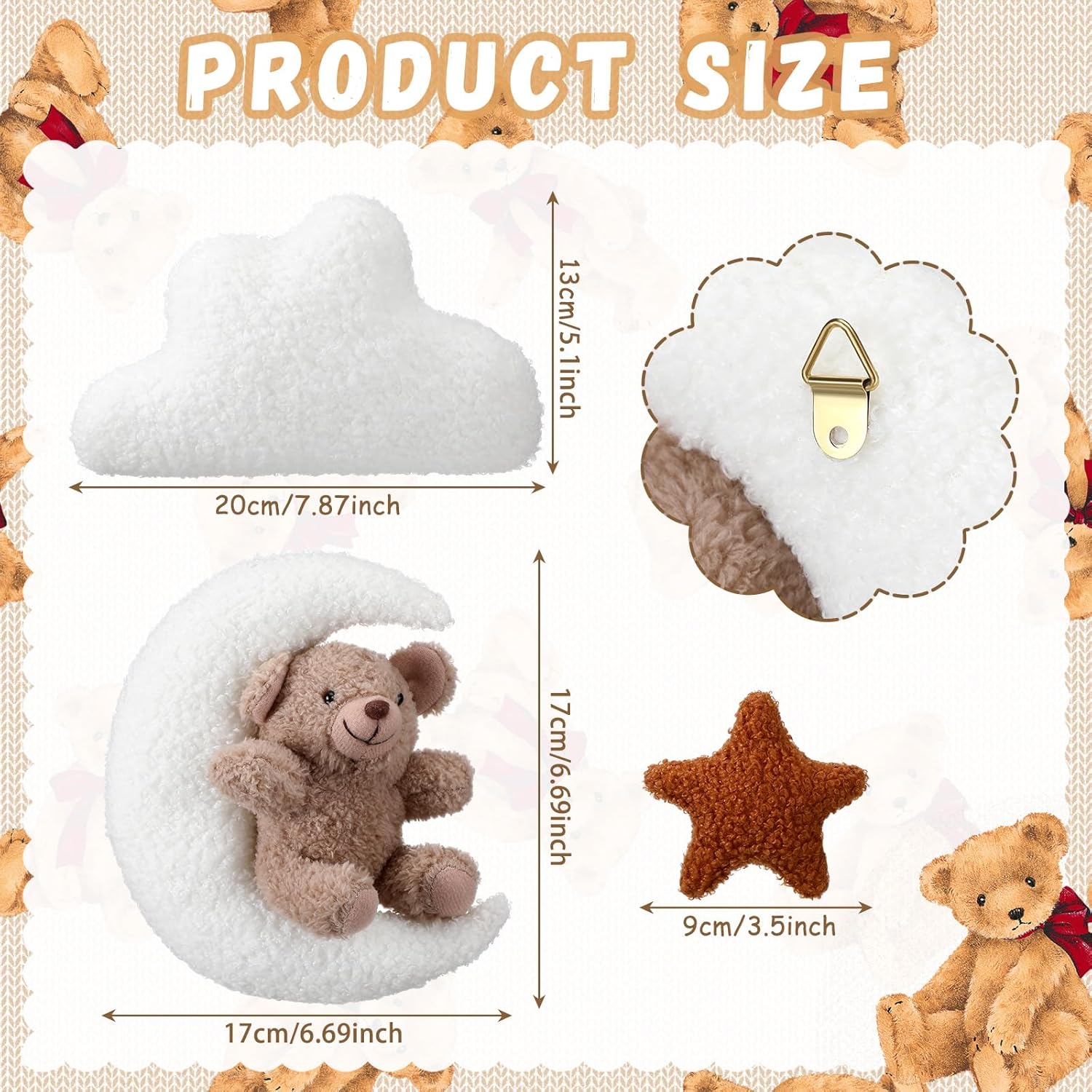 Chumia 7 Pcs Teddy Bear and Moon Wall Decor Nursery Wall Art with Clouds Stars Soft Plush Baby Room Decor Gender Neutral for Bedroom Decoration (Ivory Caramel)