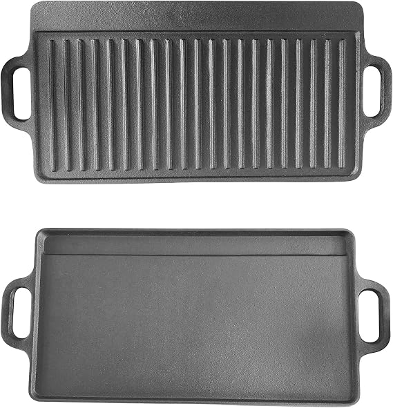Bene Casa Reversible Cast-Iron Griddle | 20x9x1.5 Double Burner Pan | Flat & Ridged Surfaces for Versatile Cooking | Ideal for Stovetop, Oven, Campfire | Durable with Easy-Grip Handles