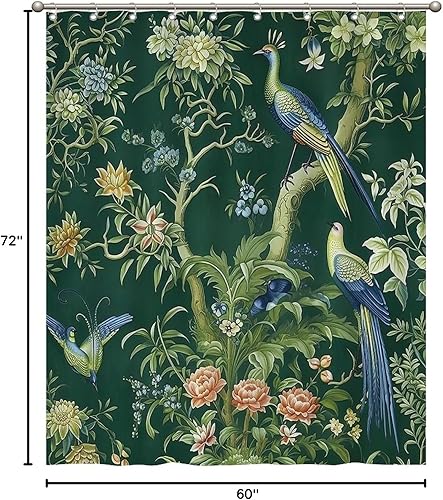 Miniatura 898 de Cortinas de ducha de baño con ganchos, 72 x 92 pulgadas, cortina de ducha de tela impermeable con diseño de flores y pájaros, cortina de ducha