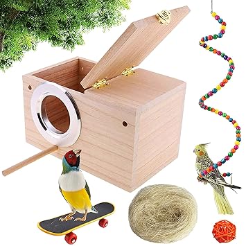 kathson Parrot Nest Breeding Box, Wood Bird Nest for Cage, Parakeet Nesting Box with Perches Pet House Natural Coconut Fiber Bird Toys for Parakeet Cockatoo Budgie Cockatiel Lovebirds (Small)