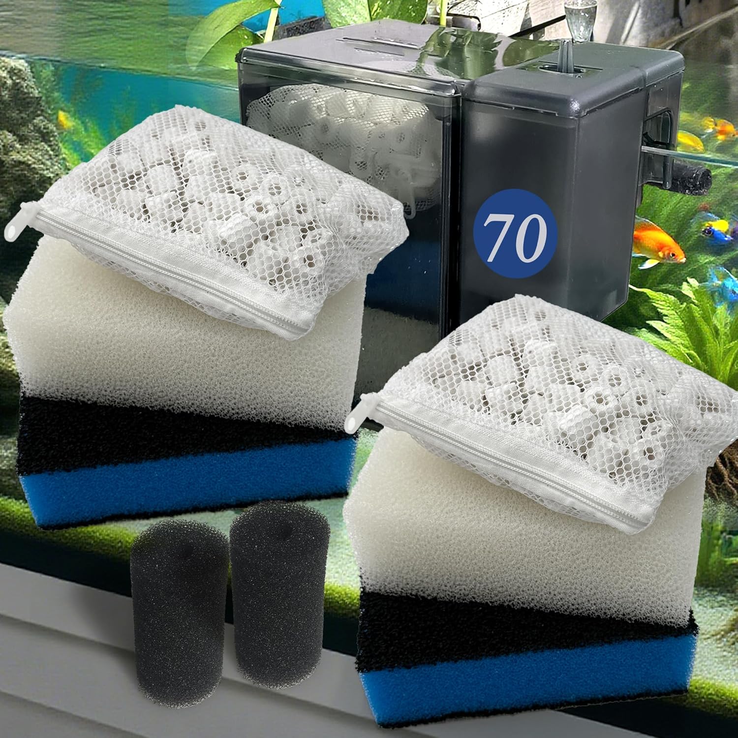 PurifyLogix 2 Sets of Upgraded Three-Stage Filtration Fish Tank Filter for AquaClear 70 Power Filter, 2 Set of Replacement Maintenance Kit for Fish Tank Filter for 40- to 70-Gallon Aquariums