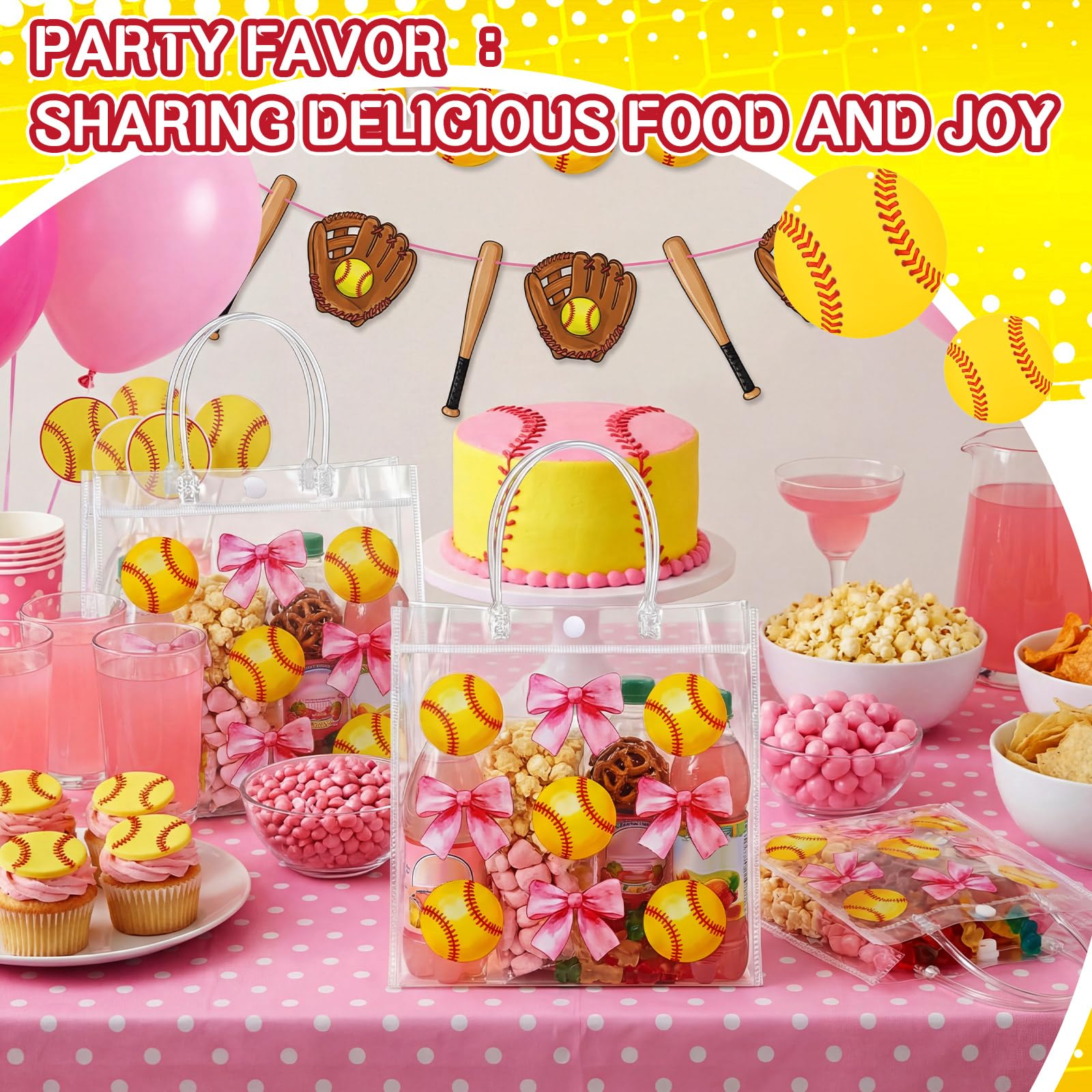 Wesnoy 20 Pcs Cute Softball Gift Bag Pink Bow Softball Goodie Gifts Bags with Handles Reusable Sport Themed Treat Bags for Candy Birthday Party Supplies 8 x 8 x 3.15''