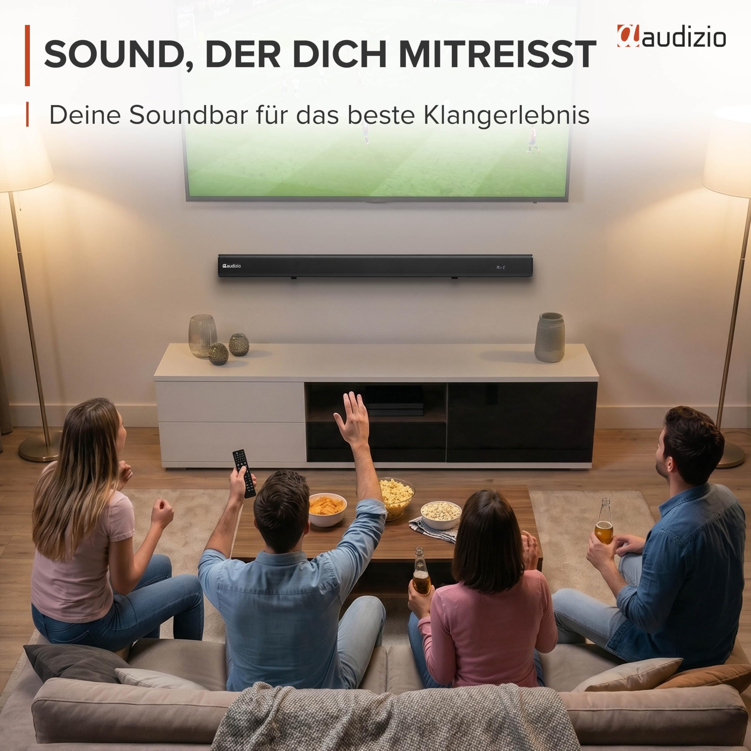 Audizio SB95 Soundbar für TV Geräte – Bluetooth 5.3, 120 Watt, HDMI ARC, Optisch, USB & AUX – Equalizer mit 3 Sound-Modi, TV Soundbar mit integriertem Subwoofer - Heimkino Soundsystem, 88cm - Schwarz