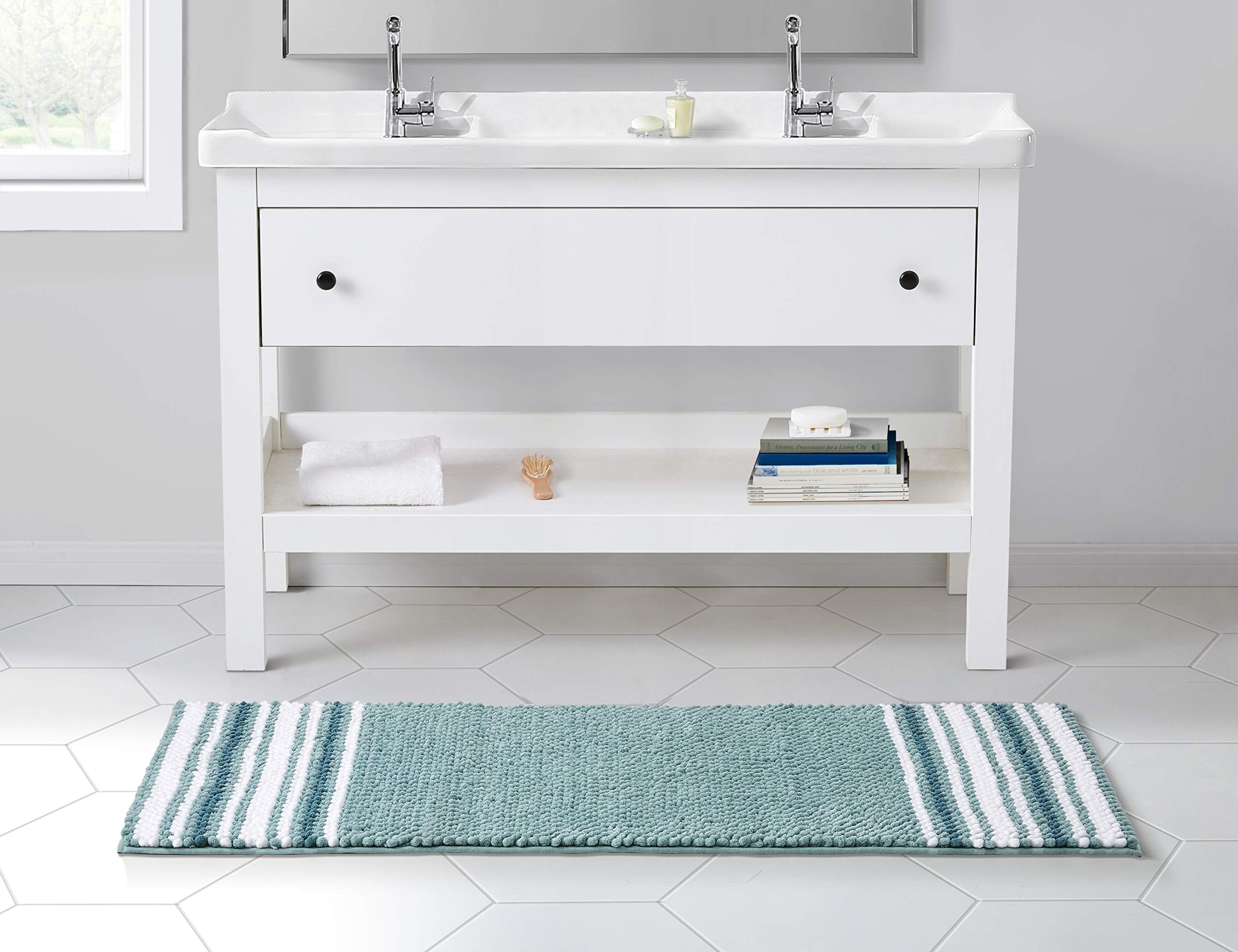 VCNY HomeBath Mat, Durable Bath Rug with Non-Sllip Backing, Striped Home Decor (Aiden Aqua, 24" x 60")