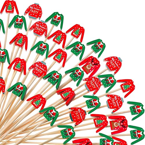 Púas de cóctel de Navidad, suéter feo para cupcakes, palillos de dientes para fiesta de Navidad, palillos de dientes de bambú hechos a mano,