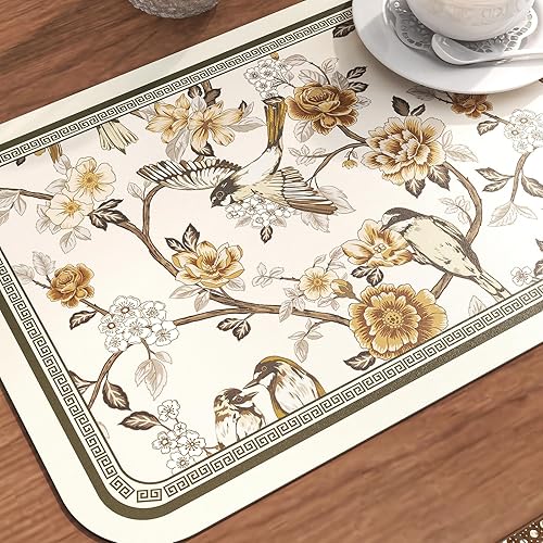 Miniatura 4 de ISAENNE Juego de 6 manteles individuales de PVC, rectangulares con estampado de flores y pájaros, impermeables y resistentes al calor, decoración