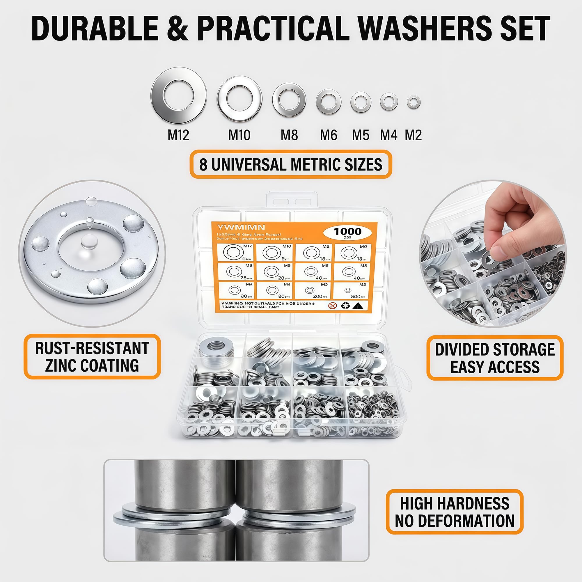 1000 Flat Washers Kit - Zinc Plated Steel Hardware -4 1000 Flat Washers Kit - Zinc Plated Steel Hardware -4