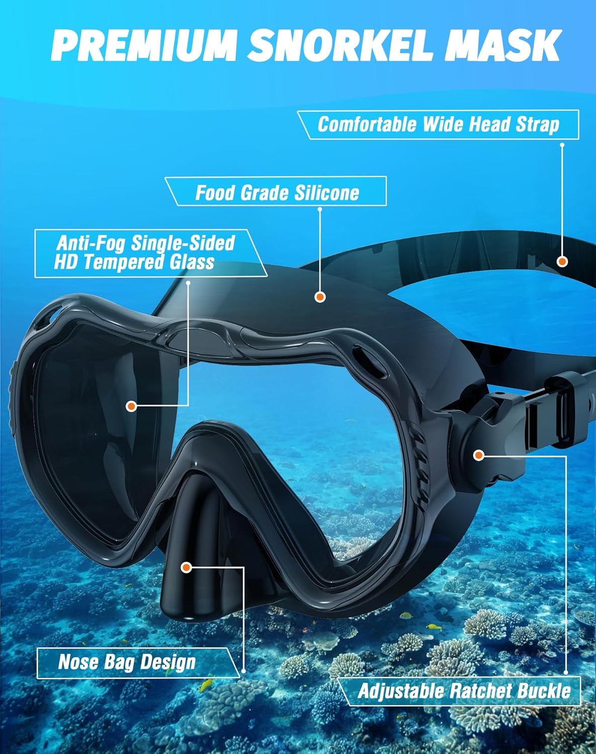 Snorkeling Gear for Adults, Snorkel Mask Set 180° Panoramic View Snorkel Gear, 100% Food-Grade Silicone Anti-Fog Anti-Leak Dry Top Diving Mask for Snorkeling Swimming Scuba Diving - Image 3
