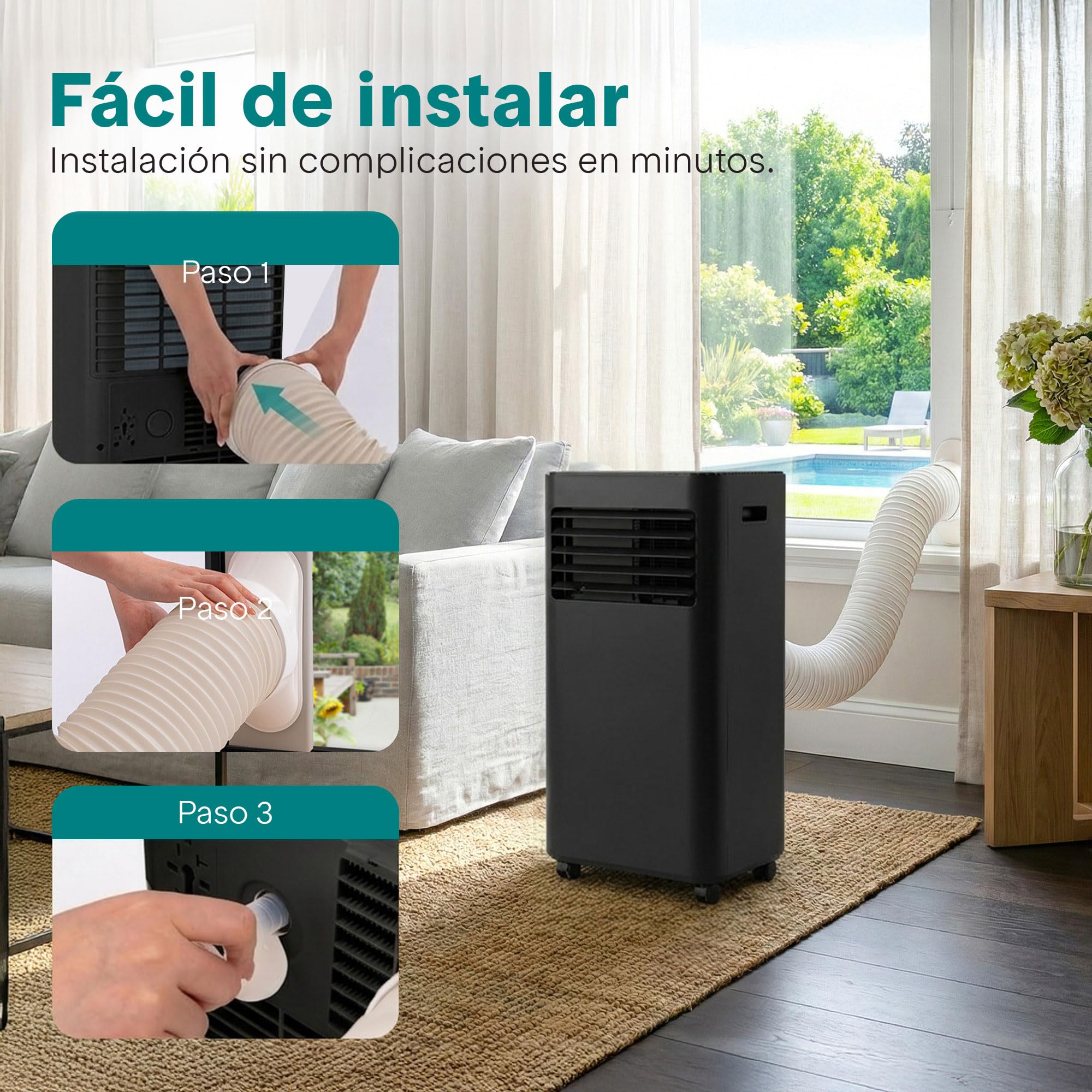 Aire Acondicionado Portátil 7000 BTU (2,05 kW) SereneLife, Climatizador 3 en 1 con Función Frío, Ventilador y Deshumidificador, Compacto con Mando a Distancia y Kit de Ventana