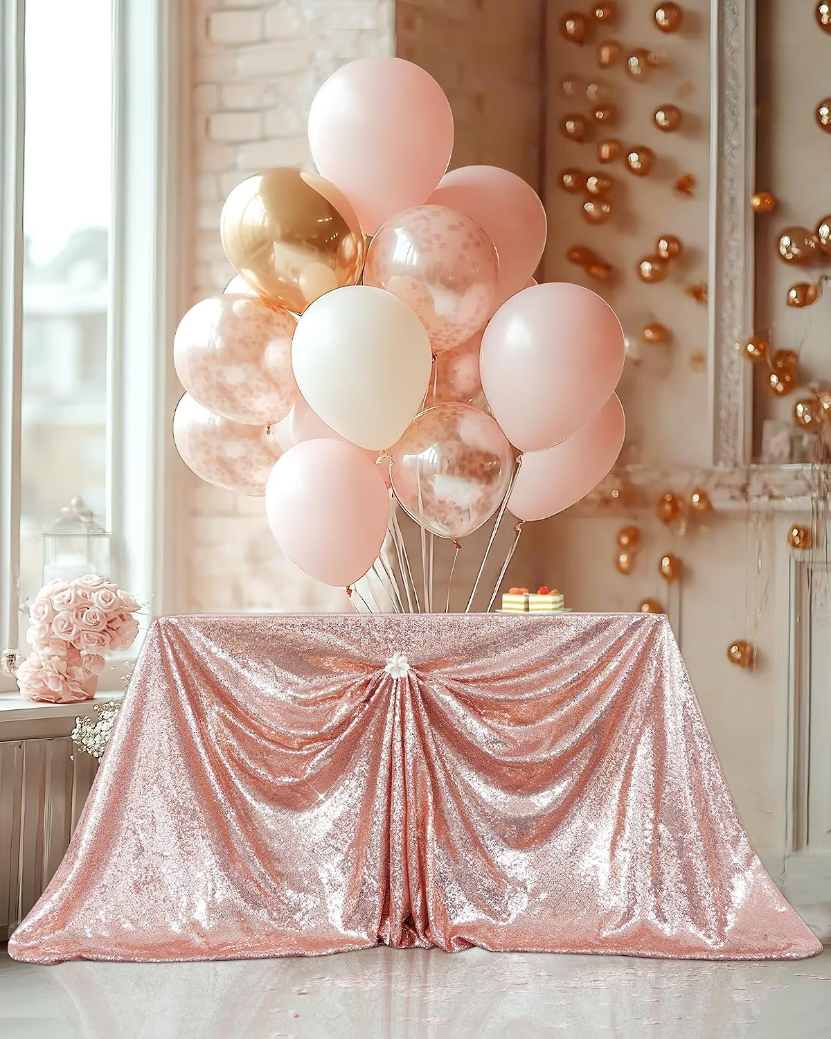 PartyDelight Square Rose Gold Sequin Tablecloth 70x70inch High-Density 3mm Stitched Sequins Shimmering Table Overlay for Weddings, Anniversaries & Party Decorations