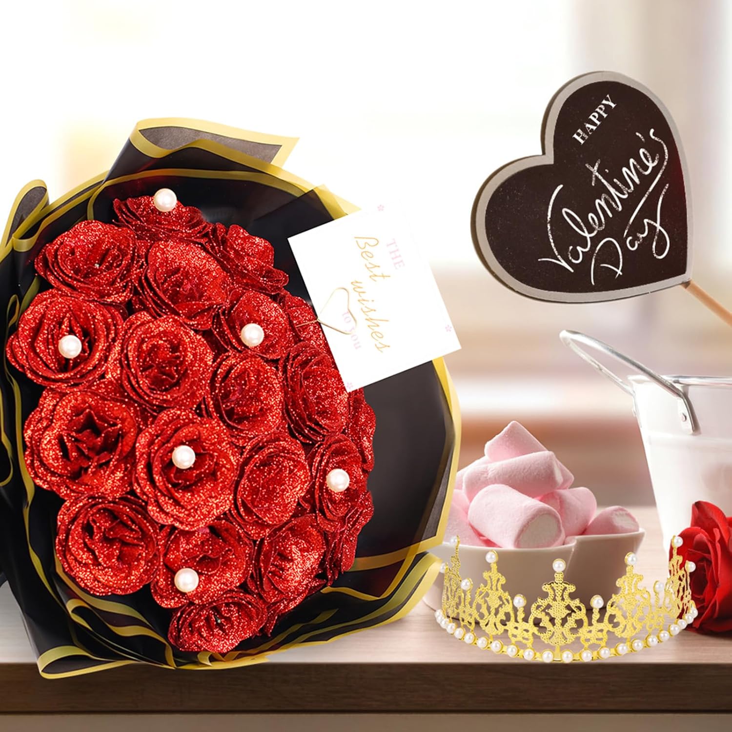 TLY Glitter Roses Bouquet Red Flower Bouquet DIY Fake Roses Flowers with Wrapping Paper Crowns Cards Birthday Gifts for Women Valentines Day Mother's Day Anniversary Engagement Wedding - Image 4