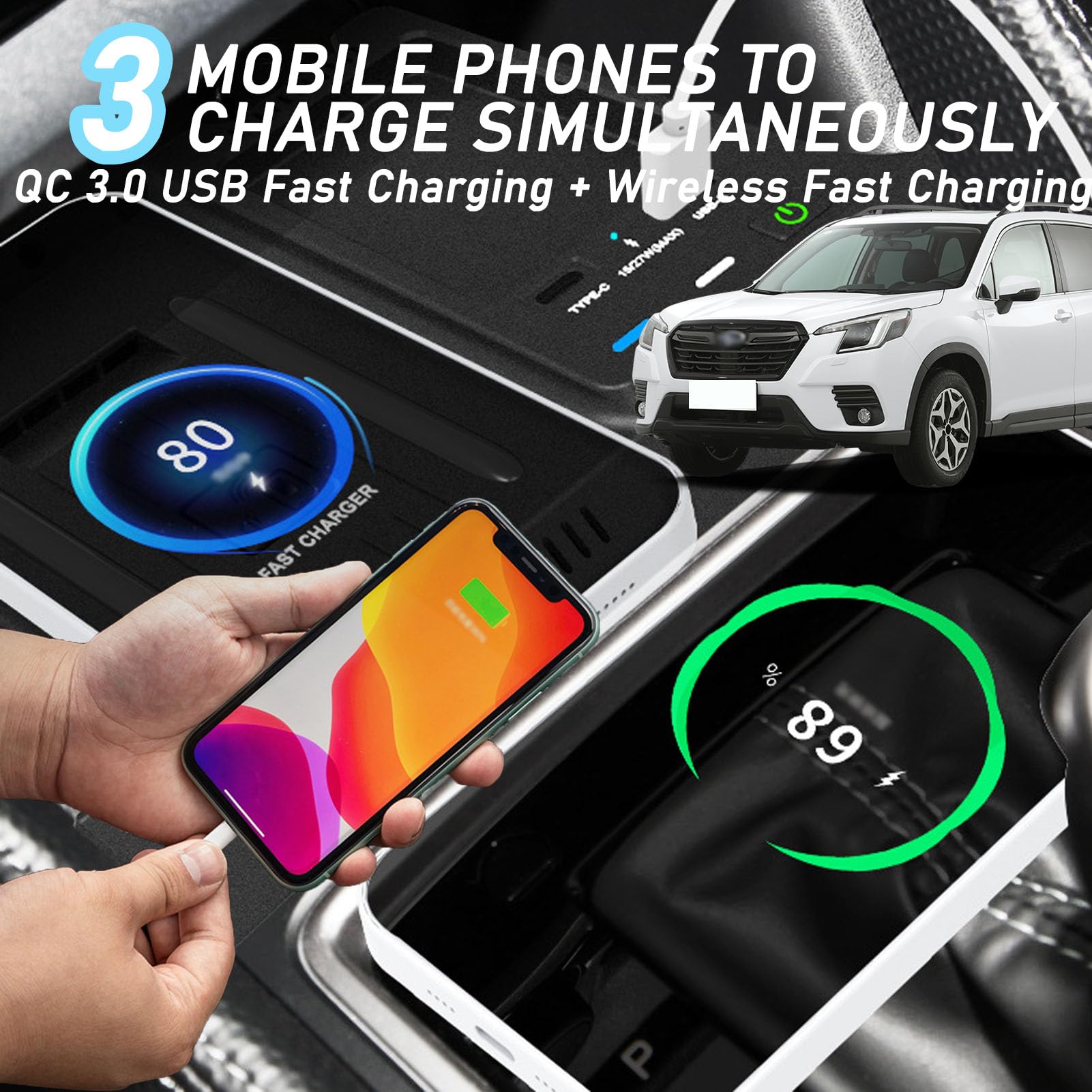 CenNa Caricabatteria per Auto Wireless per Subaru Forester (2019 2020 2021 2022 2023) Accessorio per Tutti I Modelli con Ricarica Rapida Wireless E USB Qc3.0 da 15 W Regalo per La Famiglia