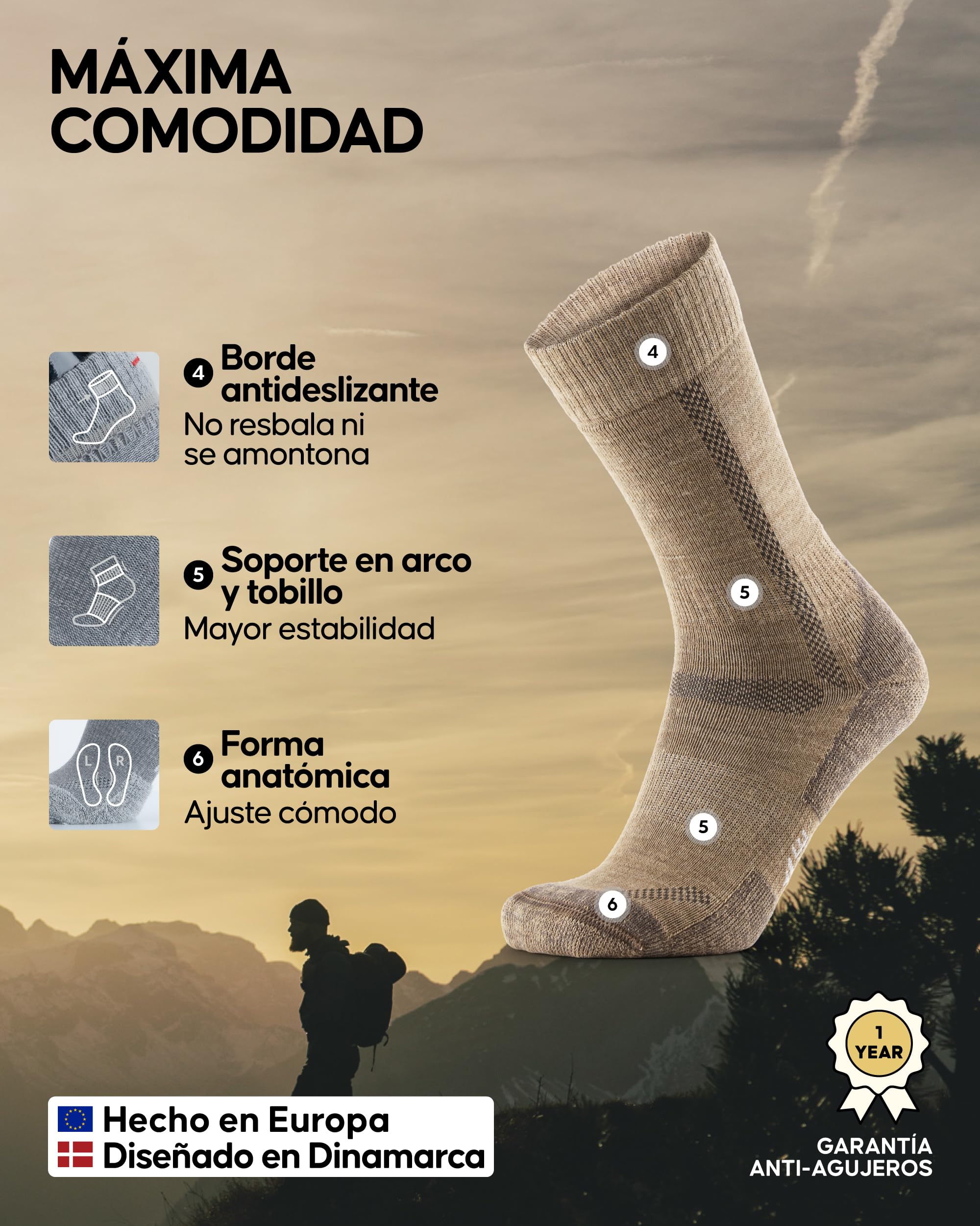DANISH ENDURANCE Calcetines Senderismo Lana, 3 y 5 Pack MC (1xBeige, 1xVerde, 1xNegro/Gris) 35-38