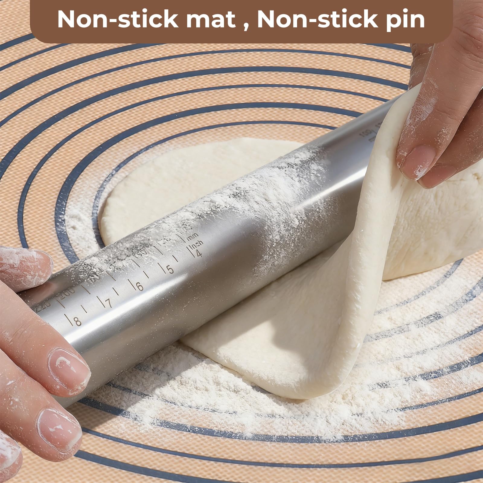SUPER KITCHEN Rouleau à Pâtisserie Ajustable en Acier Inoxydable Avec 5 Anneaux Réglables, Tapis de Cuisson Tapis à Pâtisserie en Silicone Antidérapant 50x40 cm, Pour Pâtisserie, Pizza (Gris)